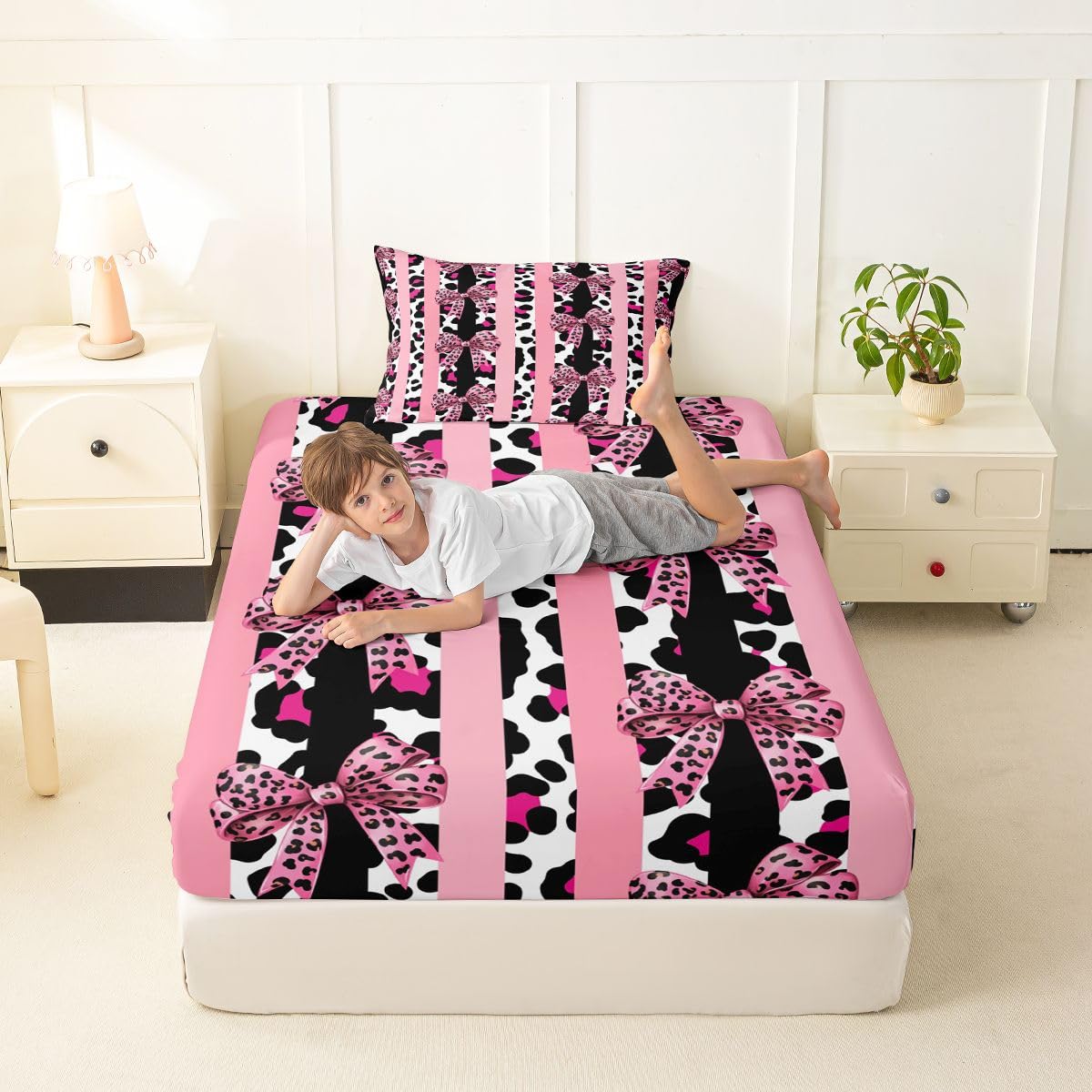 jejeloiu Pink Leopard Bow Fitted Sheet Twin Size for Kids Boys Girls Striped Coquette Bow Bed Sheets Set 16" Deep Pocket Soft Breathable Microfiber Leopard Bowknot Bedding with 1 Pillowcase Room Decor