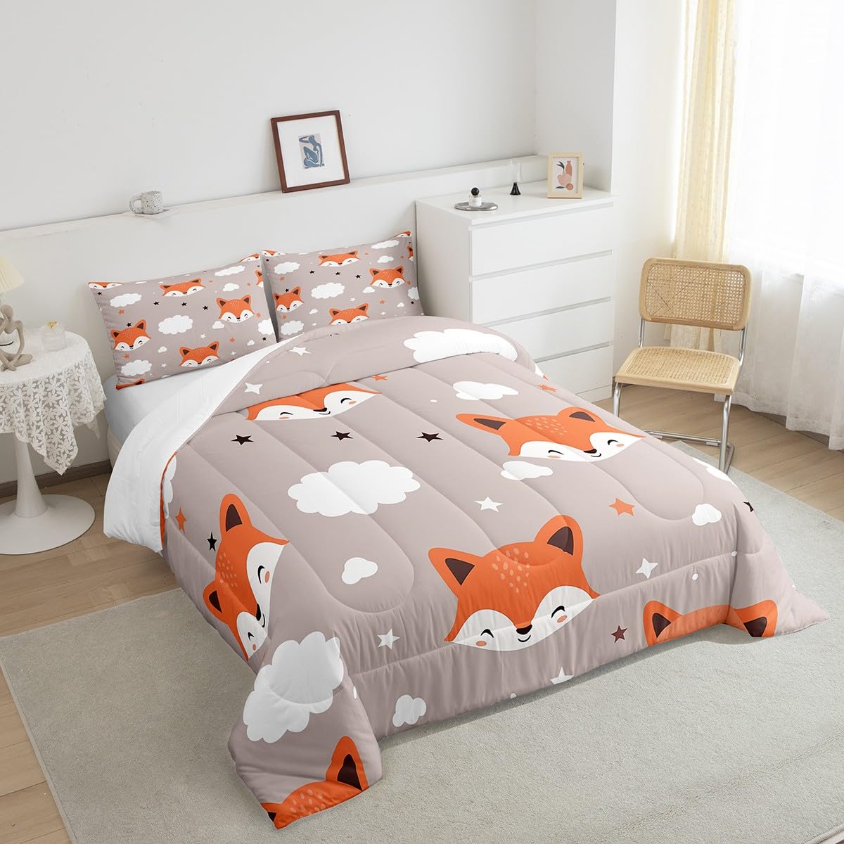 Feelyou Cute Fox Comforter Set Twin Size Kids Cartoon Fox Bedding Set for Boys Girls Teens Animal Star Cloud Comforter Breathable Woodland Fox Duvet Set Nature Wildlife Quilt Set