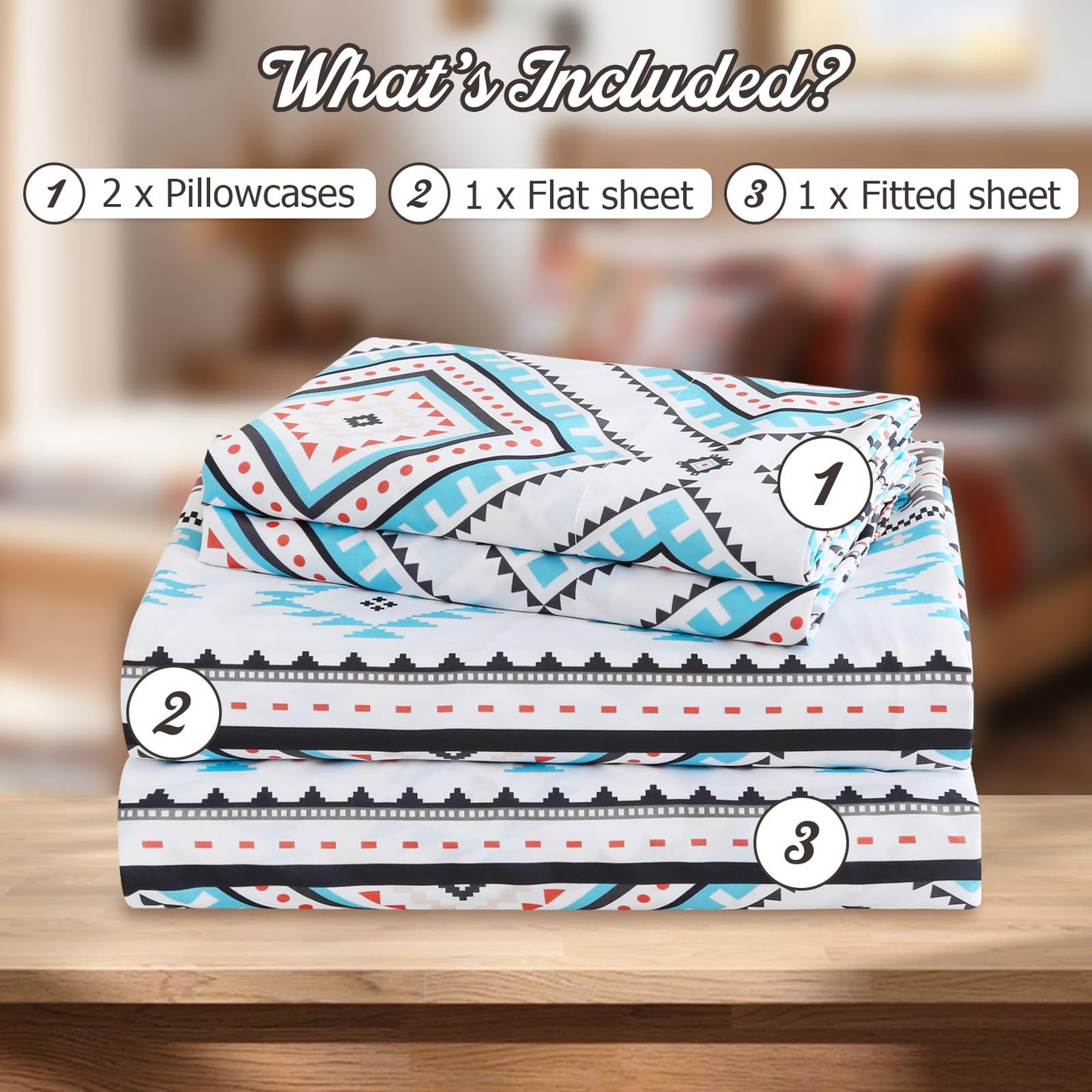 CozySmile 4 Pieces King Sheet Set Bohemian, Boho Sheets Soft Microfiber Deep Pocket, Western Sheets Geometric(King, Turquoise Geometric)