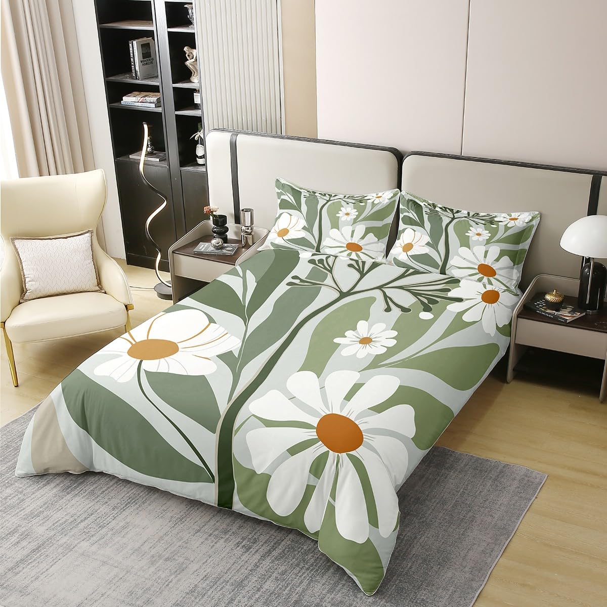 Erosebridal Abstract Boho Floral Full Bedding Set, Retro Green Sage 100% Cotton Duvet Cover, Modern Geometric Botanical Bedclothes for Adults Kids Teens Men, Boho Mid Century Comforter Cover