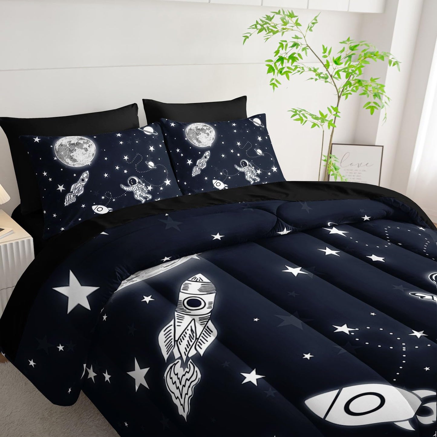 Smell Sunshine 7Pcs Space Comforter Set3D Space Rocket Planets Printed Bedding Set with 1 Comforter, 1 Flat Sheet, 1 Fitted Sheet and 4 Pillowcases for Boys and Girls Bedroom (Rocket Twin