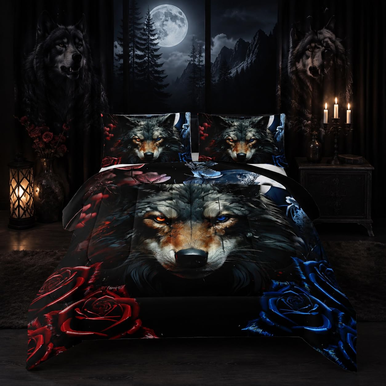 Nttopship Wolf Bedding Set Twin Size,Blue and Red Roses Comforter Set 3 Piece for Girls Boys Kids Teens,Wildlife Bed in a Bag Sets 3D Wild Animal Print Bedding Set Comforter with 2 Pillowcase