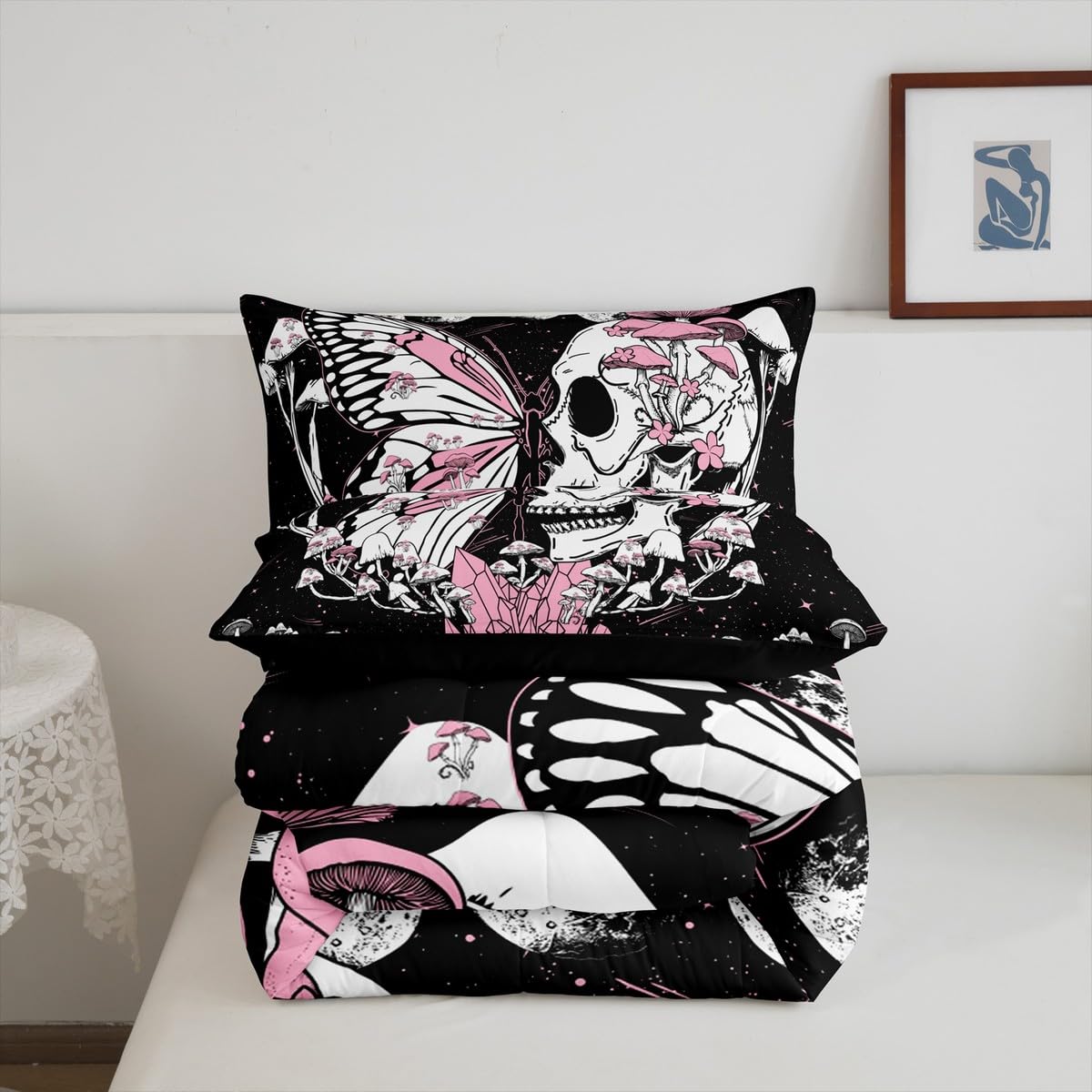 Butterfly Skull Comforter Set Queen Size Pink Mushroom Quilted Duvet Gothic Starry Galaxy Moon Bedding Set 3pcs for Kids Teens Girls Boys Bedroom Decor Trippy Plants Duvet Insert,2 Pillowcases