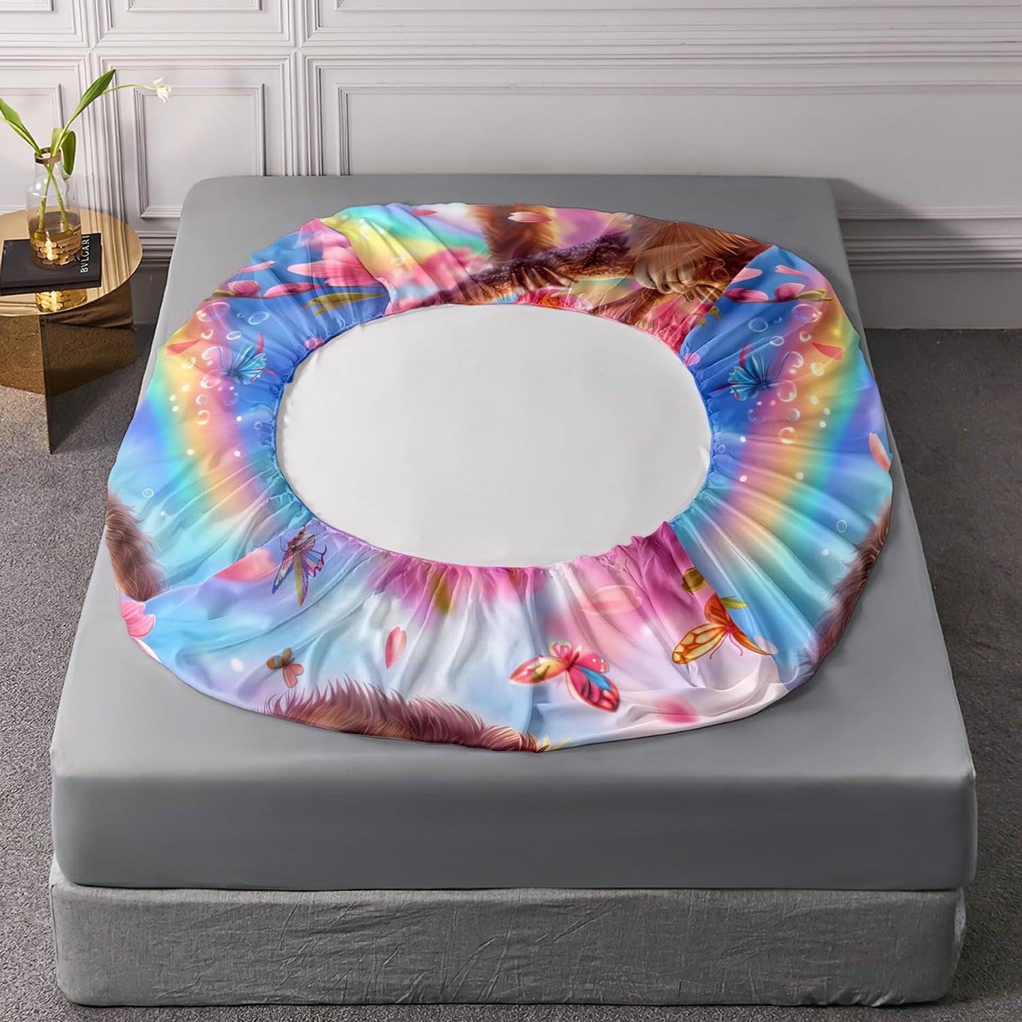 AILONEN Cute Sloth Bedding Set 3Pcs Rainbow Butterfly Pink Flower Fitted Sheet Set Queen Size, Kawaii Animal Theme Soft Microfiber Bed Sheet Set for Kids Girls,1 Fitted Sheet and 2 Pillowcases