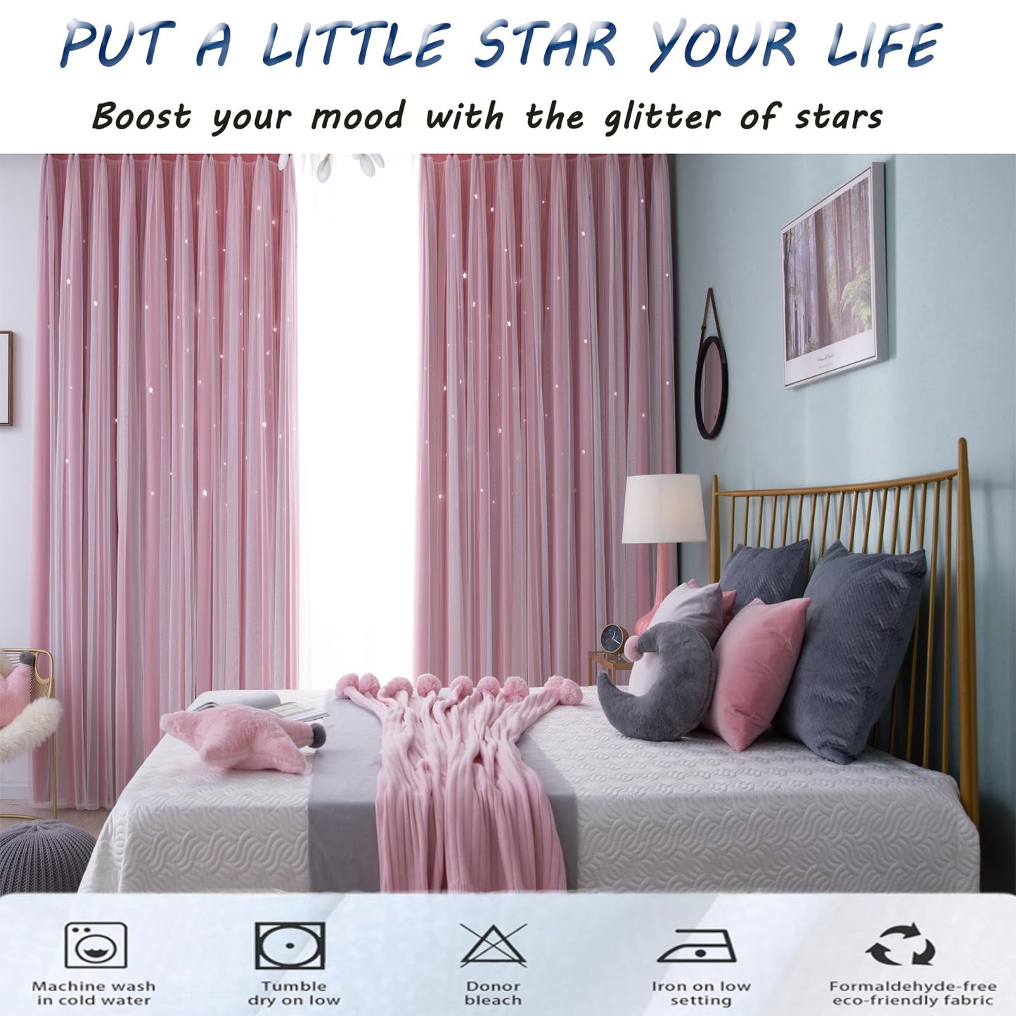 Cute Star Blackout Curtains for Girls Bedroom, Princess Curtains, W40X L63