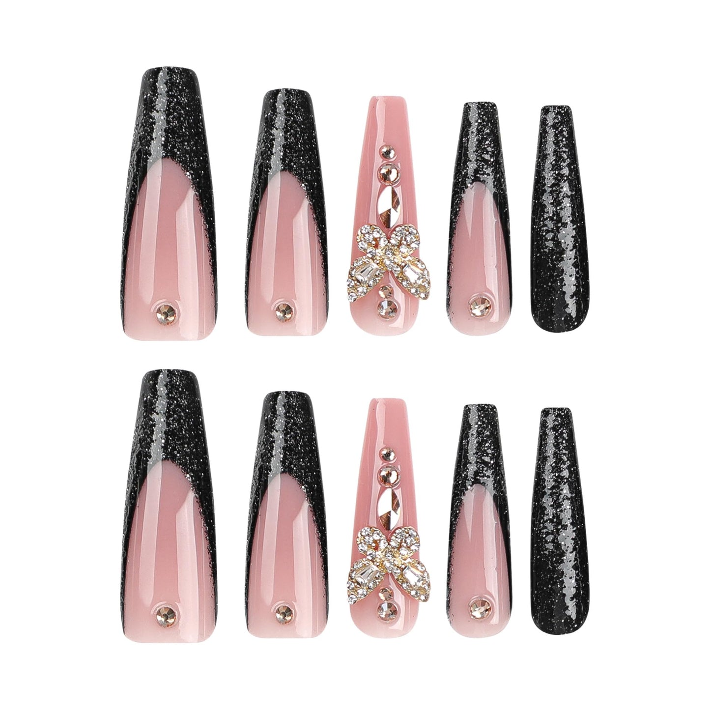 MERVF Coffin Press on Nails Long Fake Nails Black French Tip Glue ons 3D Butterfly Rhinestones Acrylic False Ballerina Luxury Nail Glitter Design Glossy 24pcs