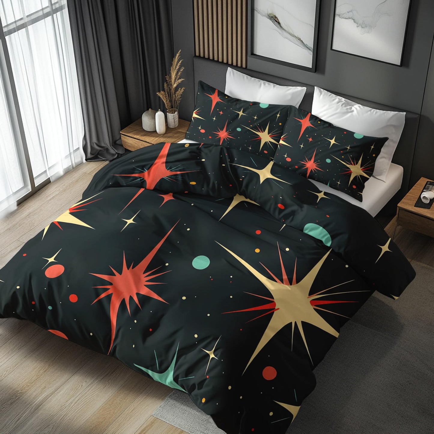 zcwl Atomic Duvet Cover Queen Size | Mid Century Modern Bedding Set | 3 Piece | Soft Microfiber Patterned Comforter Cover with Zipper Ties & 2 Pillowcases | 50S Retro Abstract Bedroom Decor