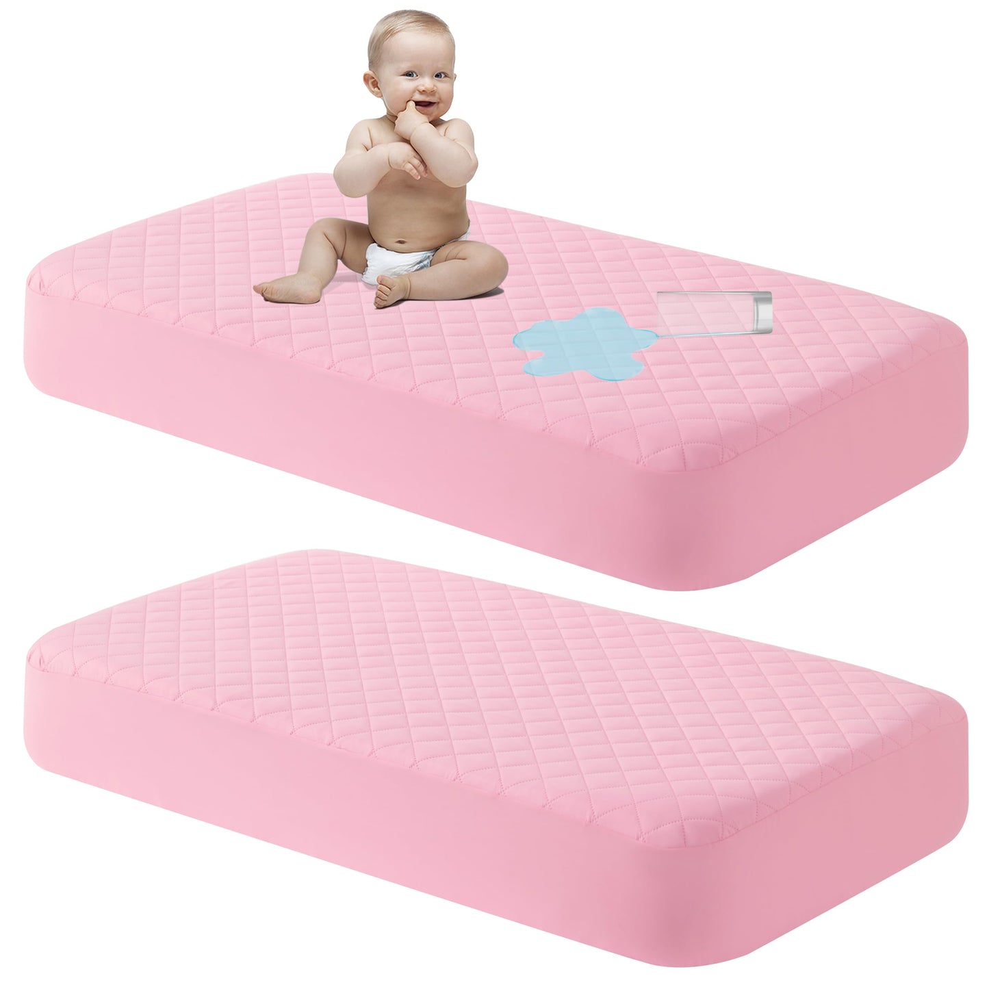 NTBAY 2 Pack Waterproof Crib Mattress Protector, Quilted 28"x52" Toddler Fitted Sheet - Machine Washable - Soft Mattress Pad Cover for Crib, Nursery, Daycare, Cot, Pink
