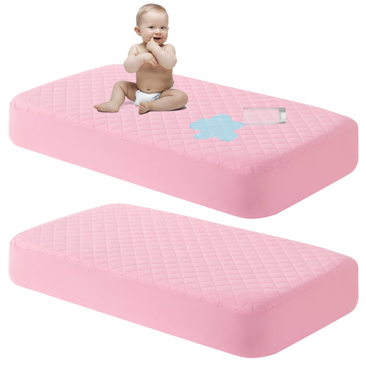 NTBAY 2 Pack Waterproof Crib Mattress Protector, Quilted 28"x52" Toddler Fitted Sheet - Machine Washable - Soft Mattress Pad Cover for Crib, Nursery, Daycare, Cot, Pink