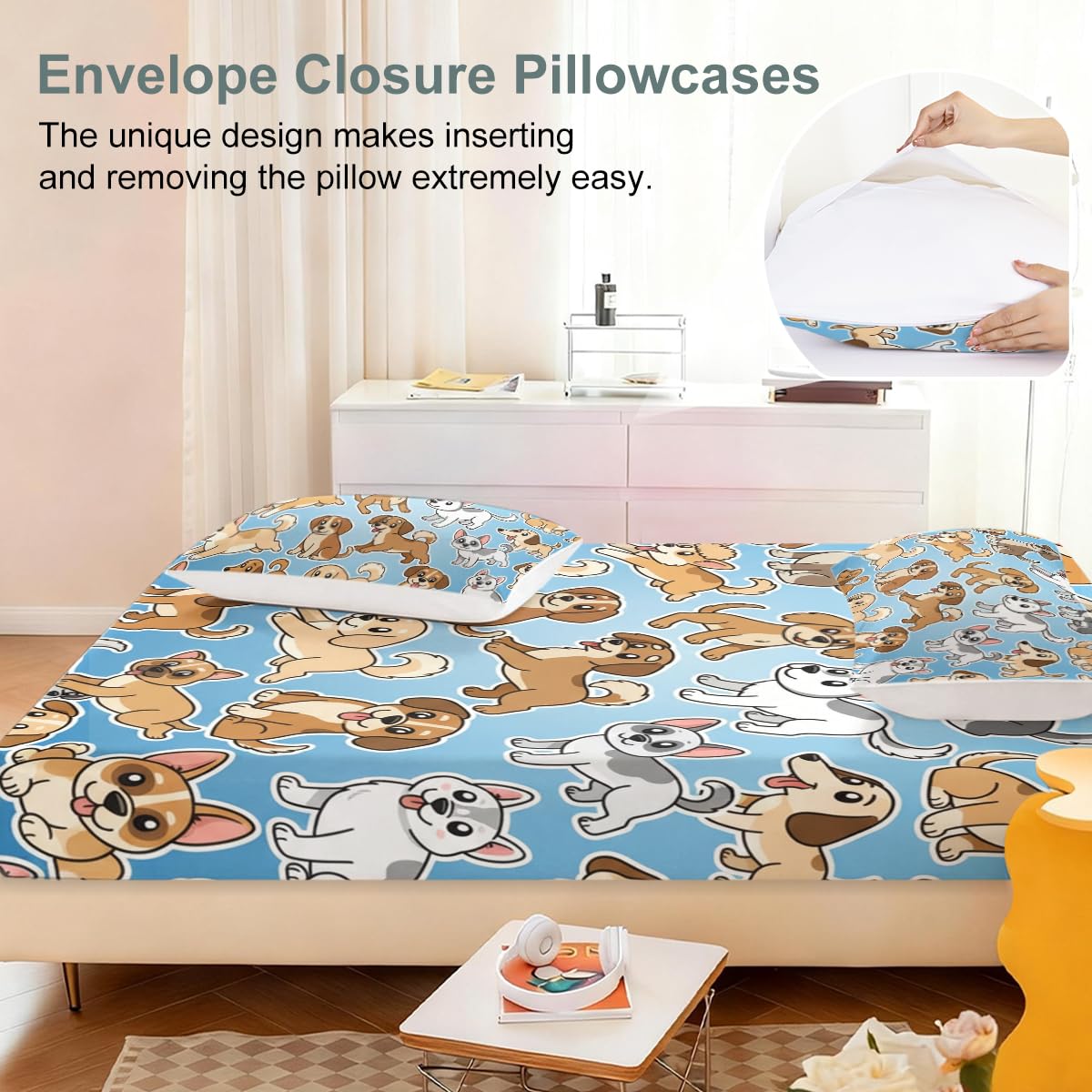 ARIGHTEX Dog Fitted Sheet Set Twin Size, 3 Pieces Cute Cartoon Puppy Bedding for Kids & Teens, Soft Microfiber Deep Pocket Sheet Set, Playful Blue Animal Bed Sheets