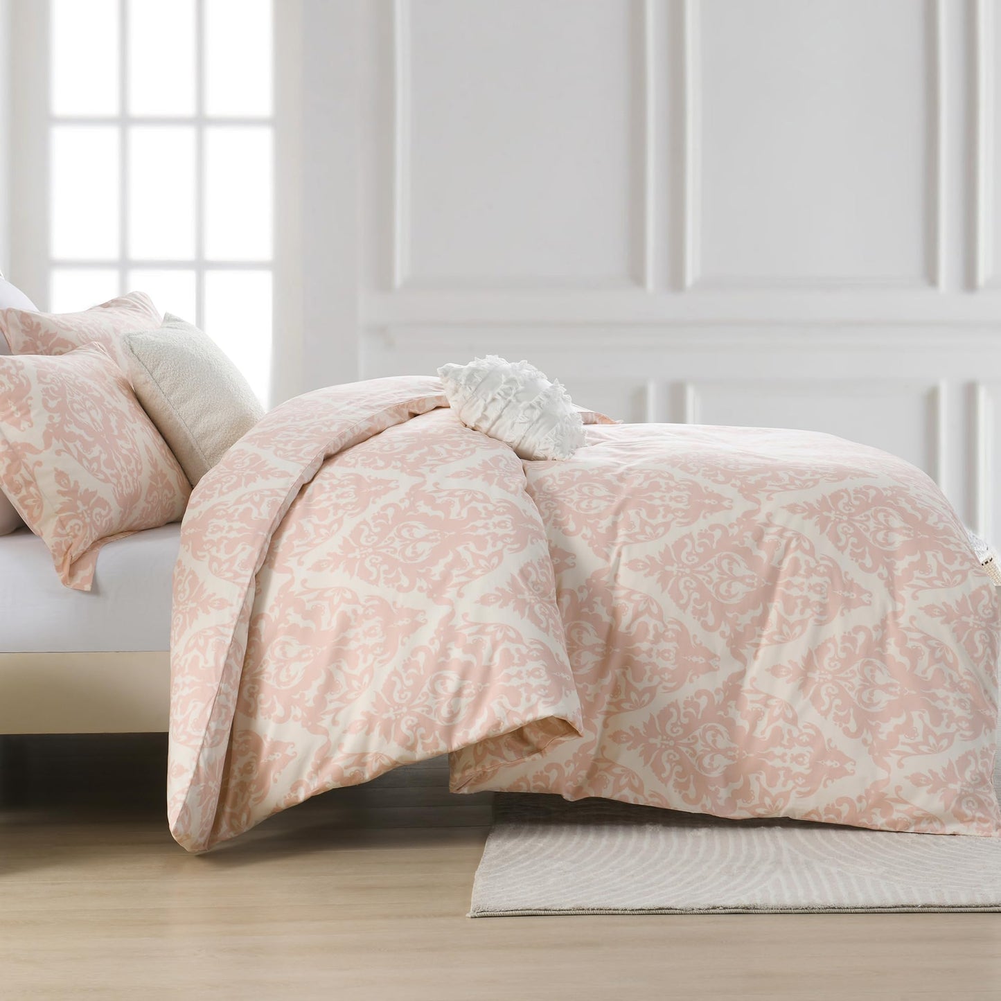 VOOVY Duvet Cover King - 100% Cotton Duvet Cover King Size, 3 Pieces Damask Medallion Super Soft Breathable Bedding Covers Set for All Season, (Pink, 104"x90", No Comforter)
