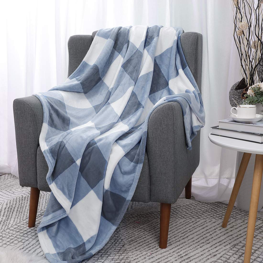 PiccoCasa Plaid Flannel Fleece Throw Blanket, Soft Buffalo Checkered Throw Blanket, Tartan Decorative Plush Blanket for Couch Sofa Bed, 50" x 60", Blue and White