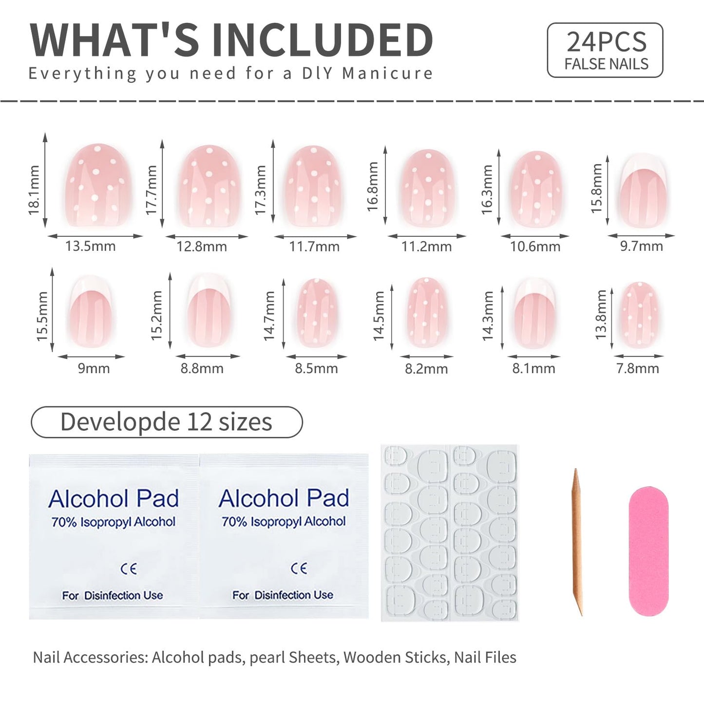 Short Oval Polka‑Dot Press‑On Nails — Nude Pink Translucent Base, White Smile Tips & Polka Dots, Reusable Full‑Cover False Nails, Salon‑Quality, Easy‑Apply Tabs — Ideal for Women & Girls