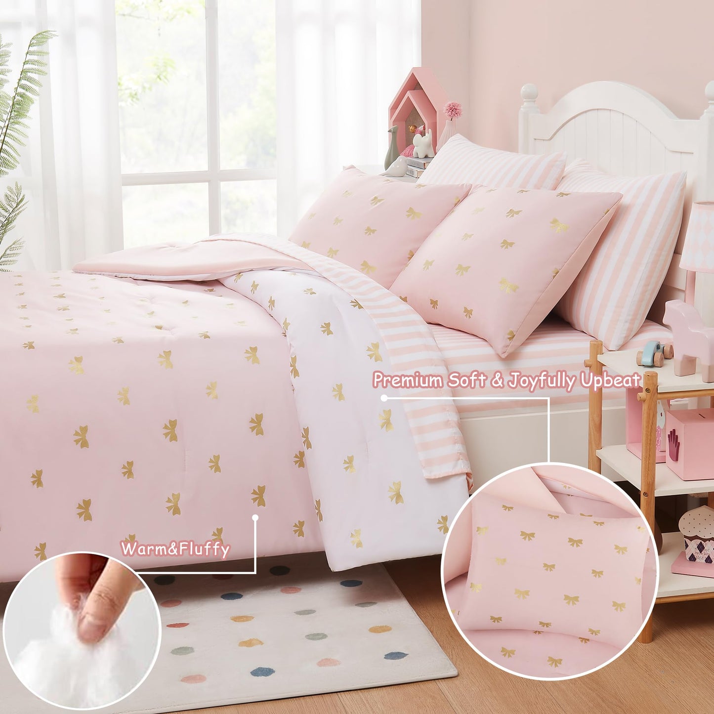 Wink Deer Twin Comforter Set with Sheets for Girls-5 Pieces Twin Bedding Sets with Pink White Gradient Ombre Comforter, Sheets, Pillowcase & Sham for Kids (Gold Bow, 66" X 86")
