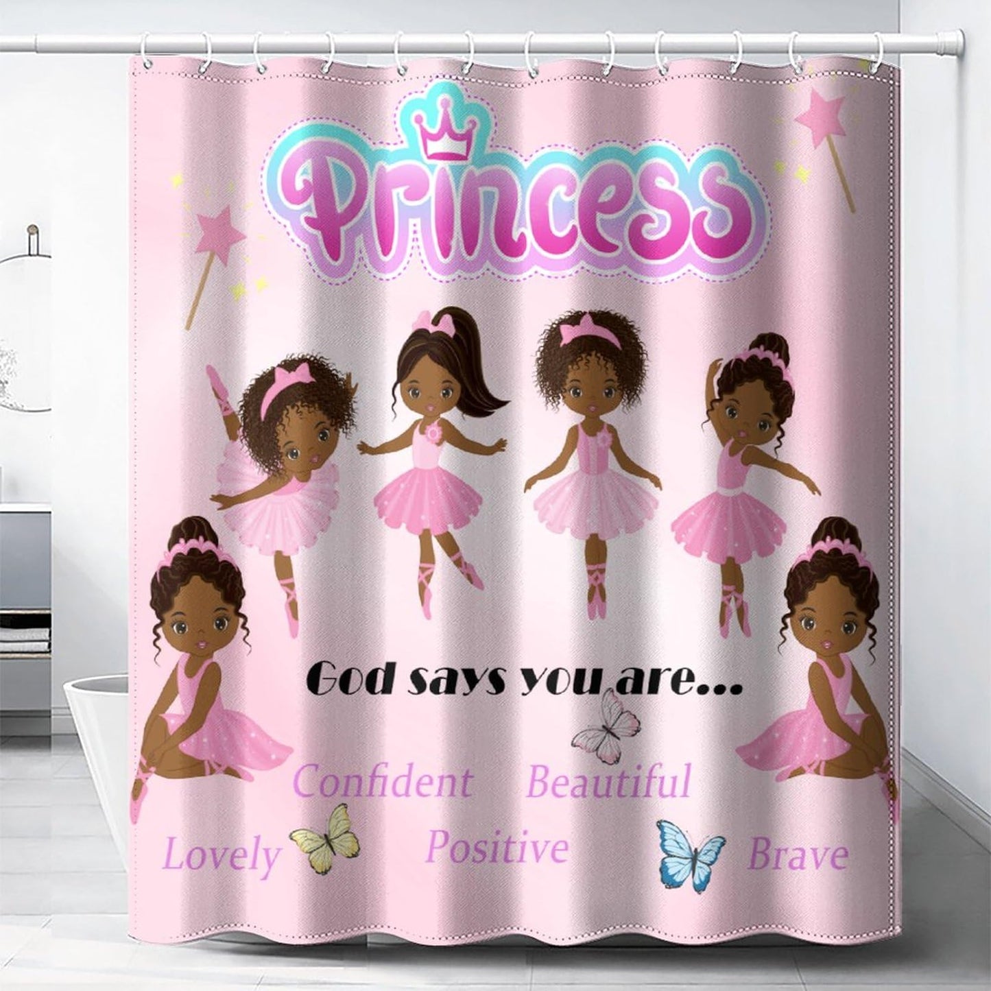 DDCBNS Ballerina Princess Pink Shower Curtain,Cute Cartoon Black Girls Print Shower Curtain for Bathroom Decor Fabric Waterproof Upholstery Hook 66x72 Inches