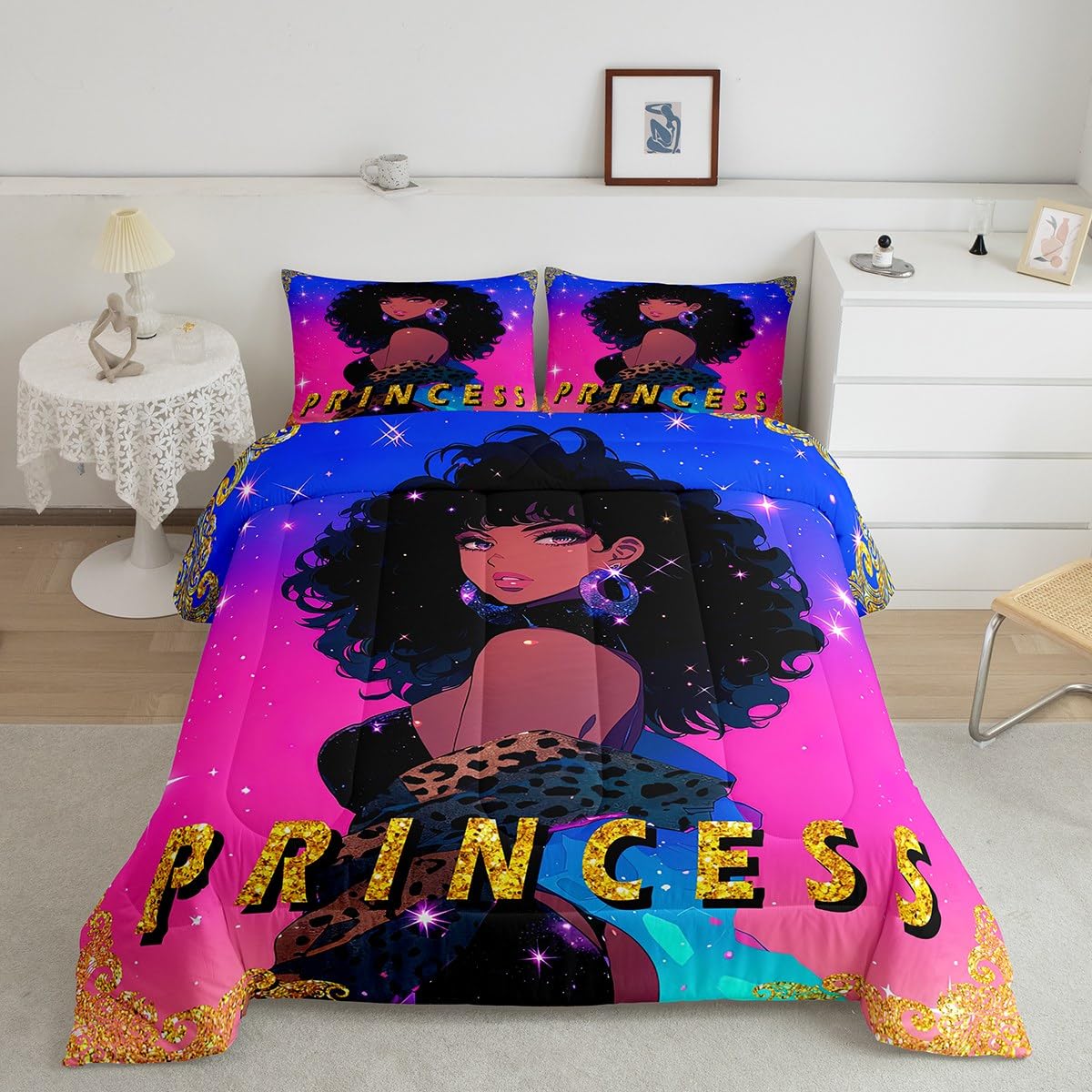 Erosebridal Black Woman Comforter Set for Girls Twin,American African Black Girls Quilt Afro Hair Girl Princess Melanin Magical Bedding Set,Leopard Print Gradient Blue Purple Galaxy Room Decor