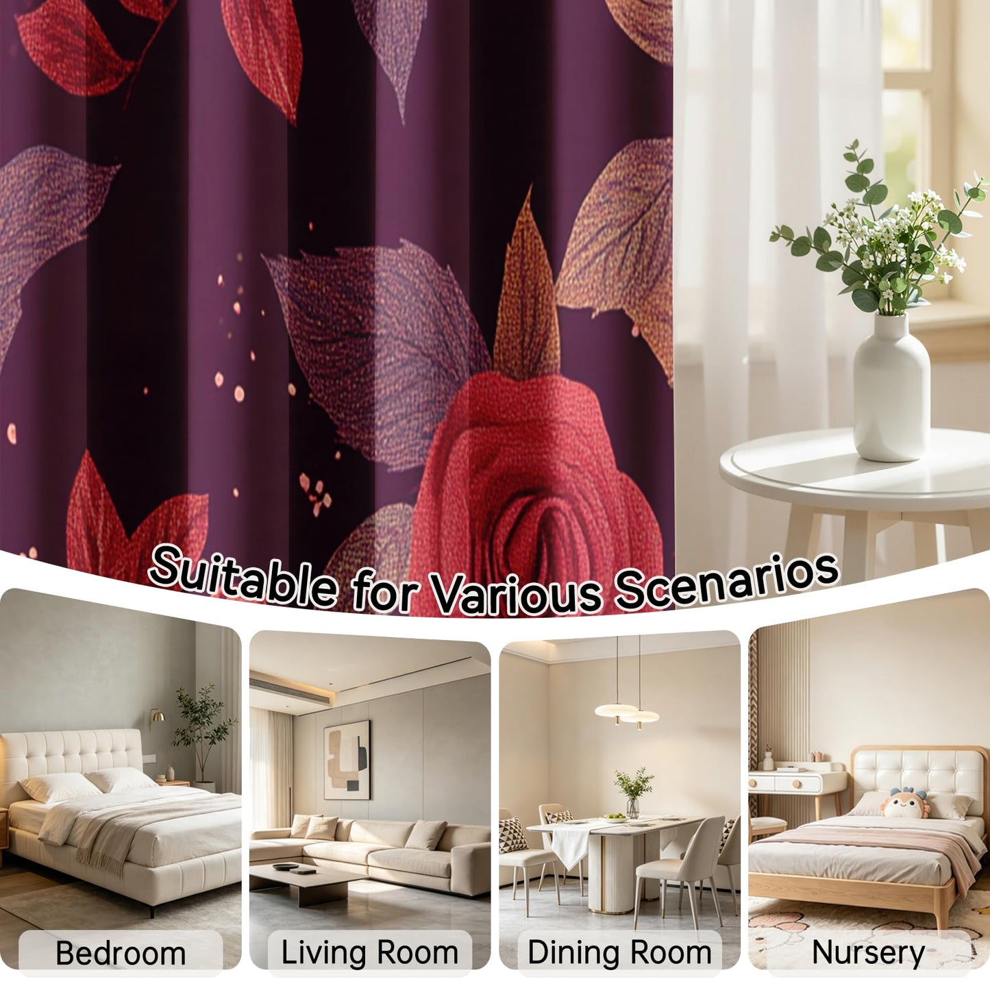 Mistwalk Girls Romantic Rose Blackout Curtains 84 Inches Long, Patterned Curtains for Bedroom & Living Room, Room Darkening Thermal Insulated Grommet Drapes, Vintage Purple Floral Window Treatments