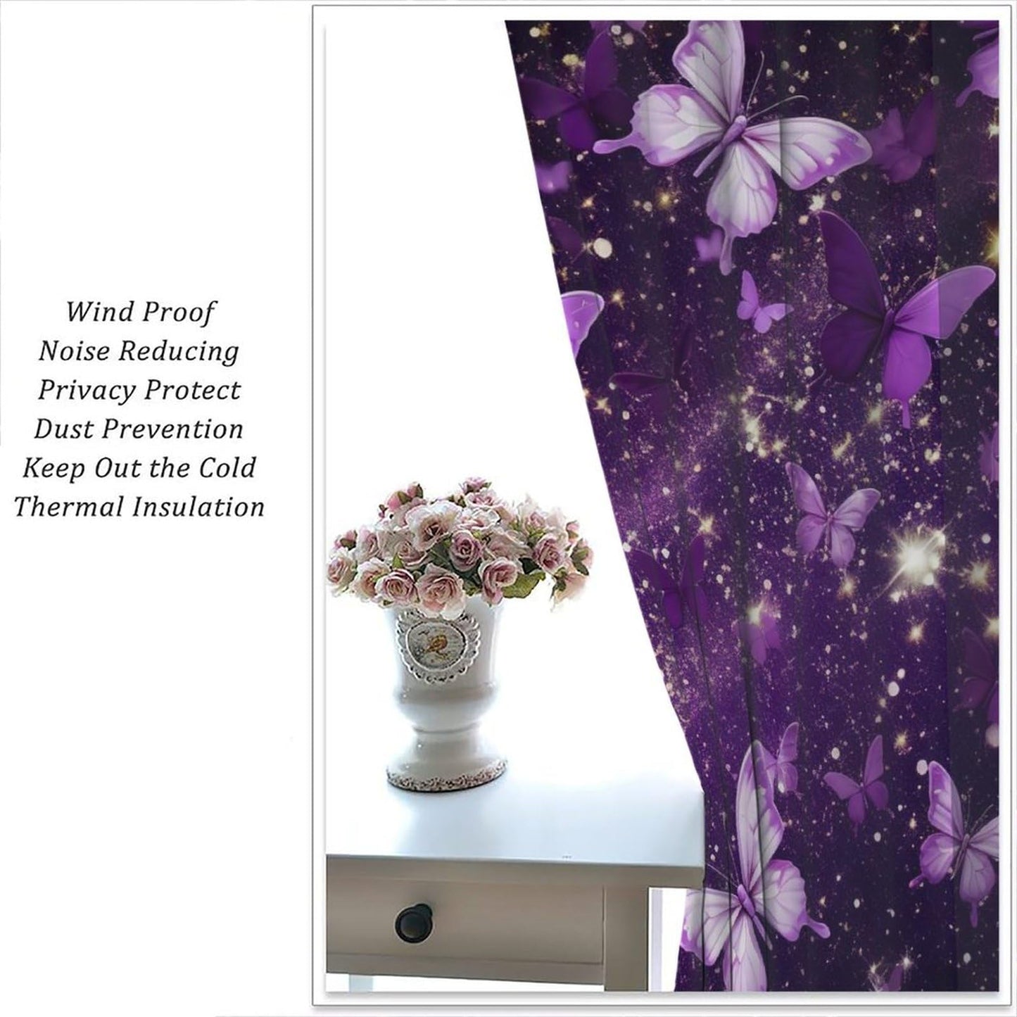 PHTAYOT Butterfly Curtains, Purple Dream Fantasy Starlight Butterfly Pattern for Kids Girls Room Decor, Print Blackout Drapes for Living Room Bedroom Kitchen 2 Panel Set 21" W X 63" L