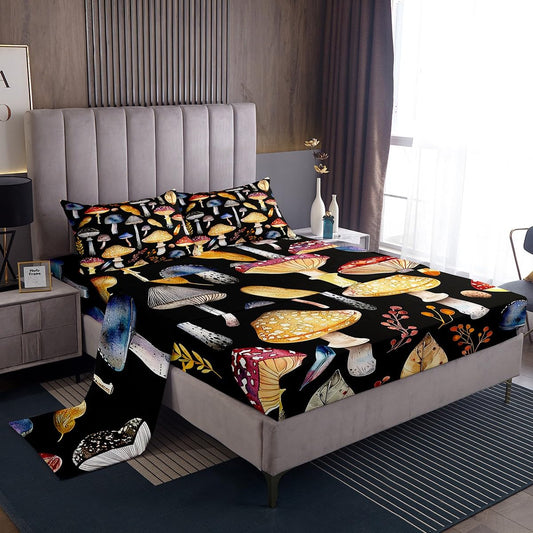 Mushroom Sheet Set Jungle Leaves Mushrooms Bedding Set Watercolor Wild Fungus Bed Sheets Teens Room Decor Orange Black Bed Set (Twin Flat Sheet & Fitted Sheet with 1 Pillow Case)