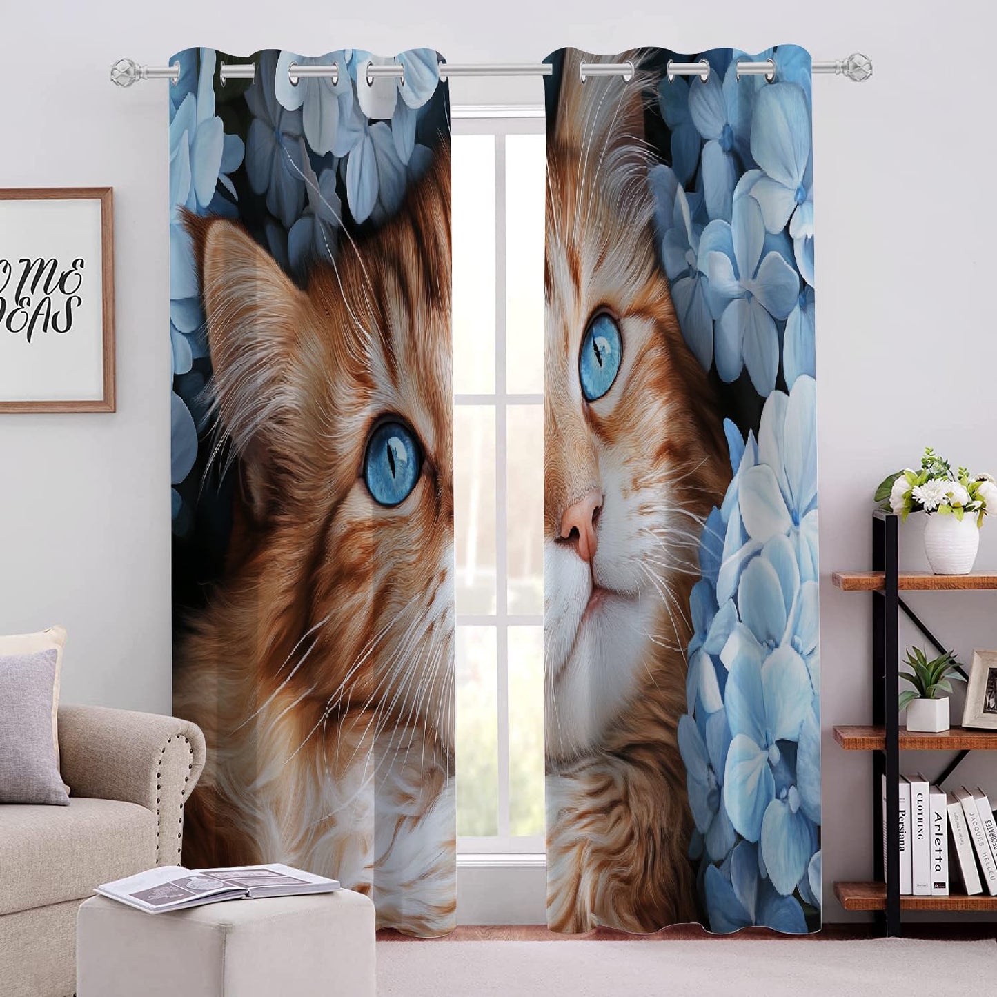Cute Cats Animals Blackout Curtains, Elegant White Flowers 2 Panel Top Grommet Drapes, 3D Print Thermal Insulated Room Darkening Curtains for Living Room Kids Bedroom(104" W x 63 "L)