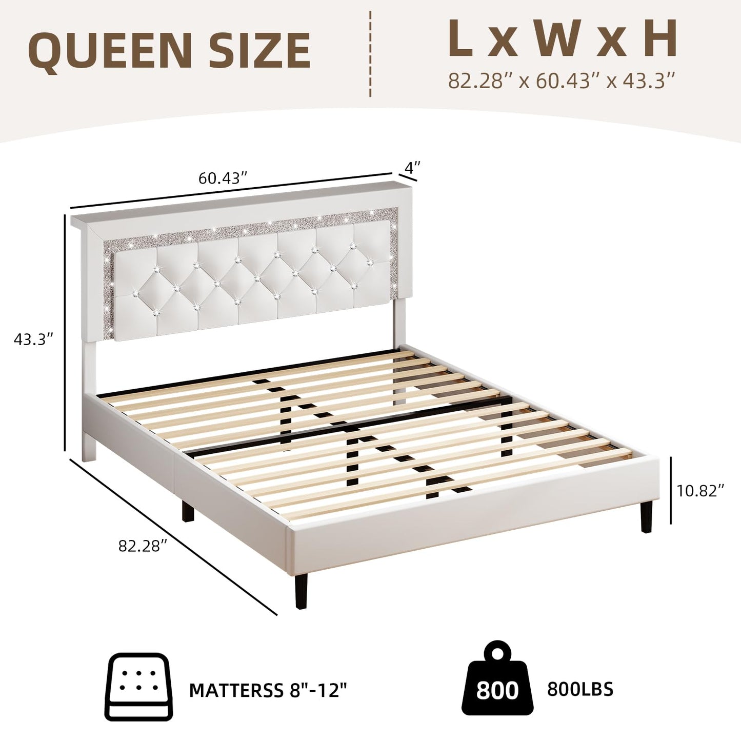BarnFurin Queen Bed Frame with Storage Headboard, Bed Frame Queen Size with Diamond Tufted Headboard and LED Lights, Wooden Slats Support, Noise Free, No Box Spring Needed, Easy Assembly, White