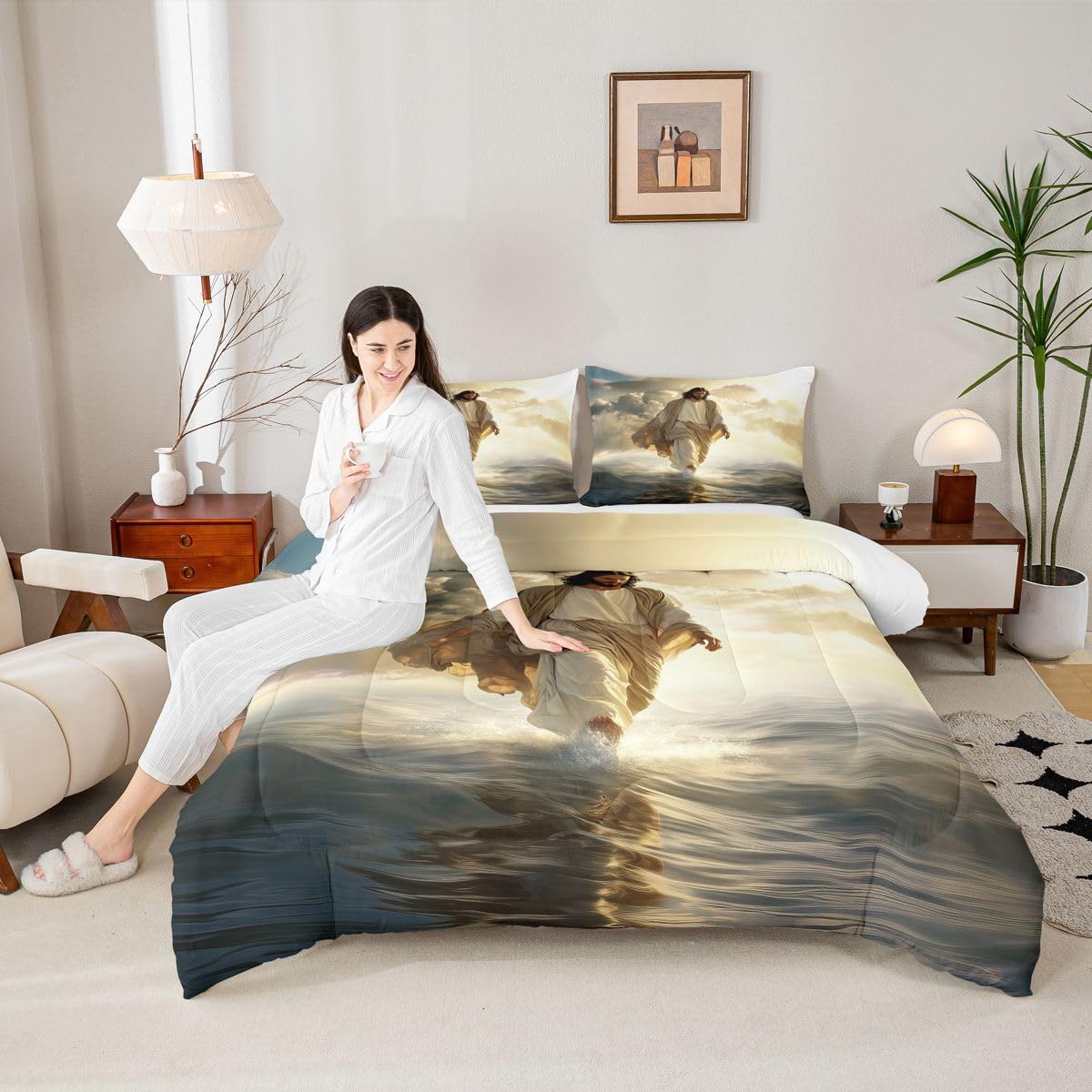 God Walking on Water Kids Comforter Set Twin Size,Western Faith Bible Verse Bedding Set Boys Girls Room Decor,Spiritual Artwork Quilt Comforter,Yellow Gray Duvet Set Bedroom Quilt Set,1 Pillowcase