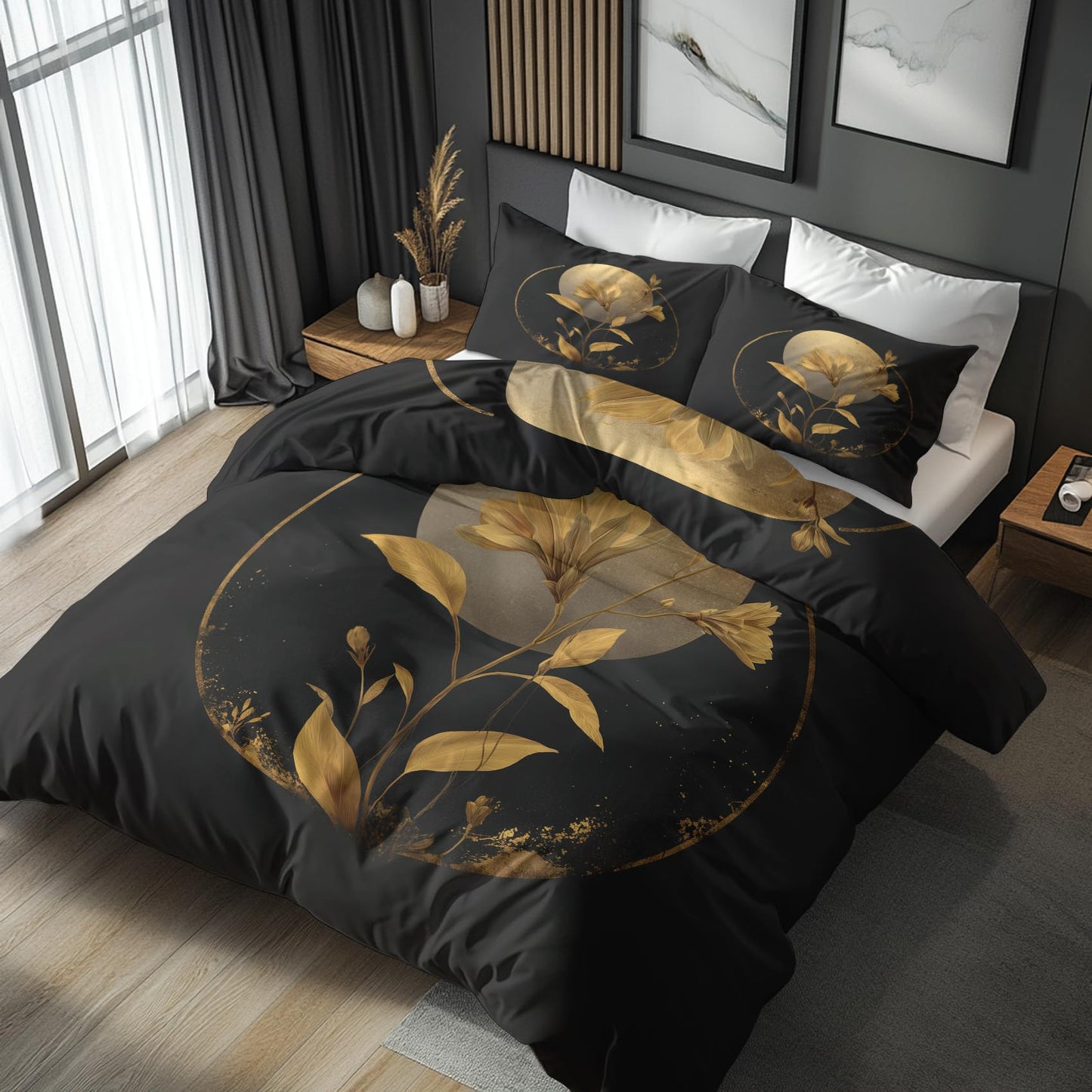 Golden Floral Moon Full Duvet Cover Set 3 Piece, Black Flower Reversible Bedding with 2 Pillow Shams, Zipper & Ties, Ultra Soft Microfiber, Floral Bedroom Decorations 69A-R