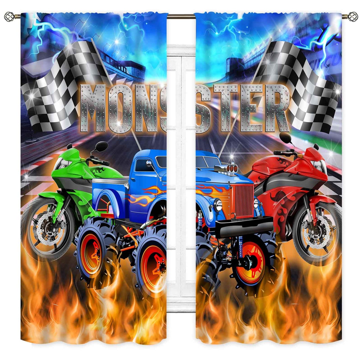 Racing Car Curtains, Cool Monster Cartoon Truck Buring Flame Colorful Race Stadium Blackout Window Drapery Treatments for Boys Kids Baby Bedroom Living Room Playroom Nursery 2 Panel Set, 42"x45" Inch