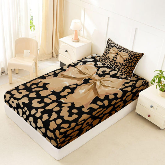 jejeloiu Brown Bowknot Fitted Sheet Twin Size for Kids Boys Girls Dreamy Princess Style Bed Sheets Set 16" Deep Pocket Soft Breathable Microfiber Cute Leopard Bow Bedding with 1 Pillowcase Room Decor