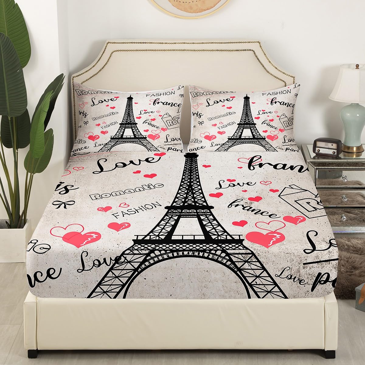 Eiffel Tower Fitted Sheet Full,Red Love Heart Bed Sheet 3 Pieces(No Flat Sheet),Valentine's Day Decor Bedding Set for Kids Adults,Rustic Farmhouse Style Deep Pocket Sheet Room Decor