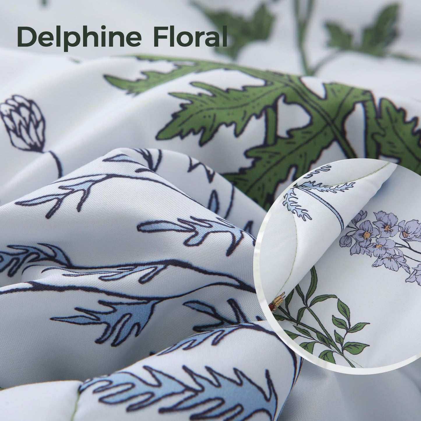 JQinHome Queen Comforter Set - 6 Pieces White Botanical Floral Reversible Green Solid Bedding Set, Bed in a Bag with Microfiber Comforter, Sheets & Cushion Cover, Edredones Queen Set Completo