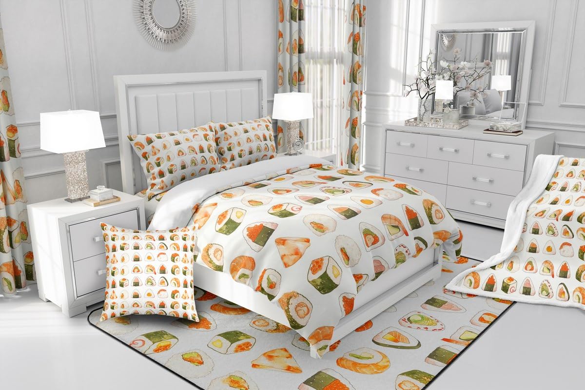 Erosebridal Cute Sushi Bedding Set Queen Size,Japanese Food Comforter Set Sushi Gifts for Kids Teens Men Women,Funny Food Quilt Bed Set Anime Style Bed Comforter Sets with 2 Pillowcases Room Decor