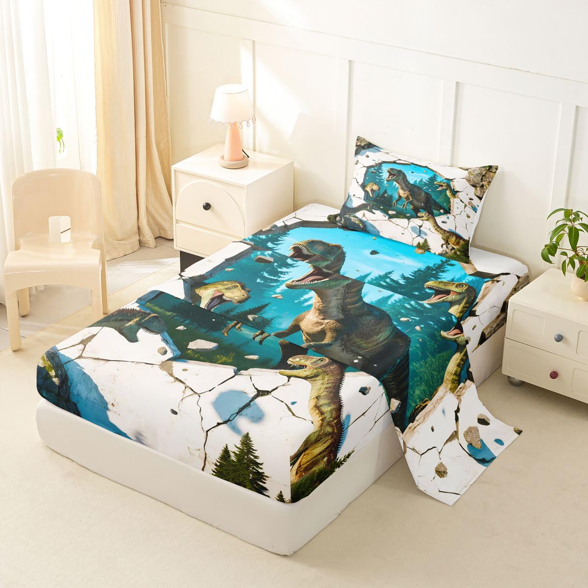 Feelyou Dinosaur Bed Sheets Set Twin Size 3D Digital Print Deep Pocket Fitted Sheet Jungle Dino Bedding Sets Wild Animal Soft Bed Set 3Pcs with 1 Pillow Cases Blue White Green