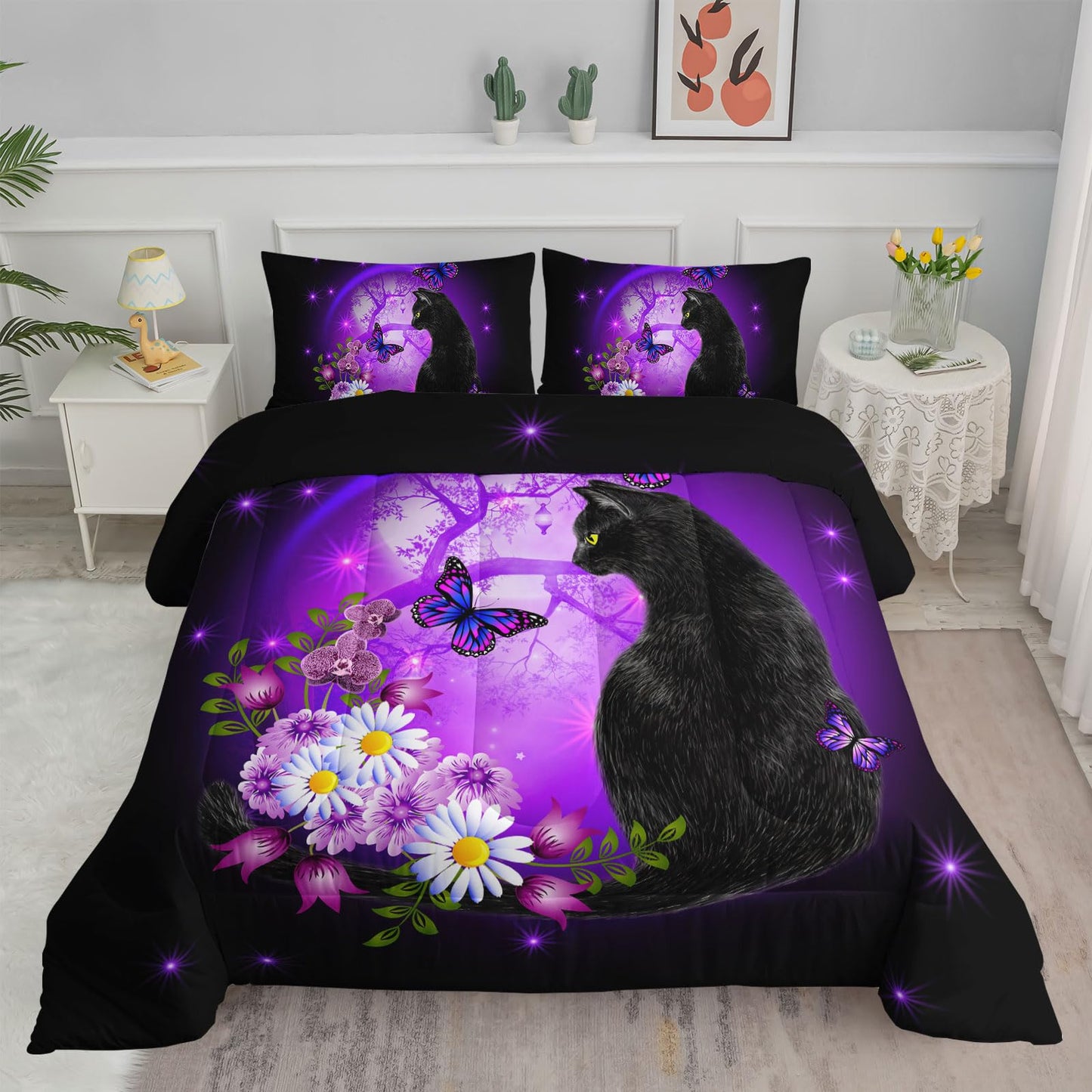 Black Cat Bedding Cartoon Cat Comforter Set Twin,Daisy Butterflies Printed Kids Bedding Set for Kids Boys Girls Adults Room Decor,Kids Comforter Set All Season,1 Quilt 2 Pillow Cases