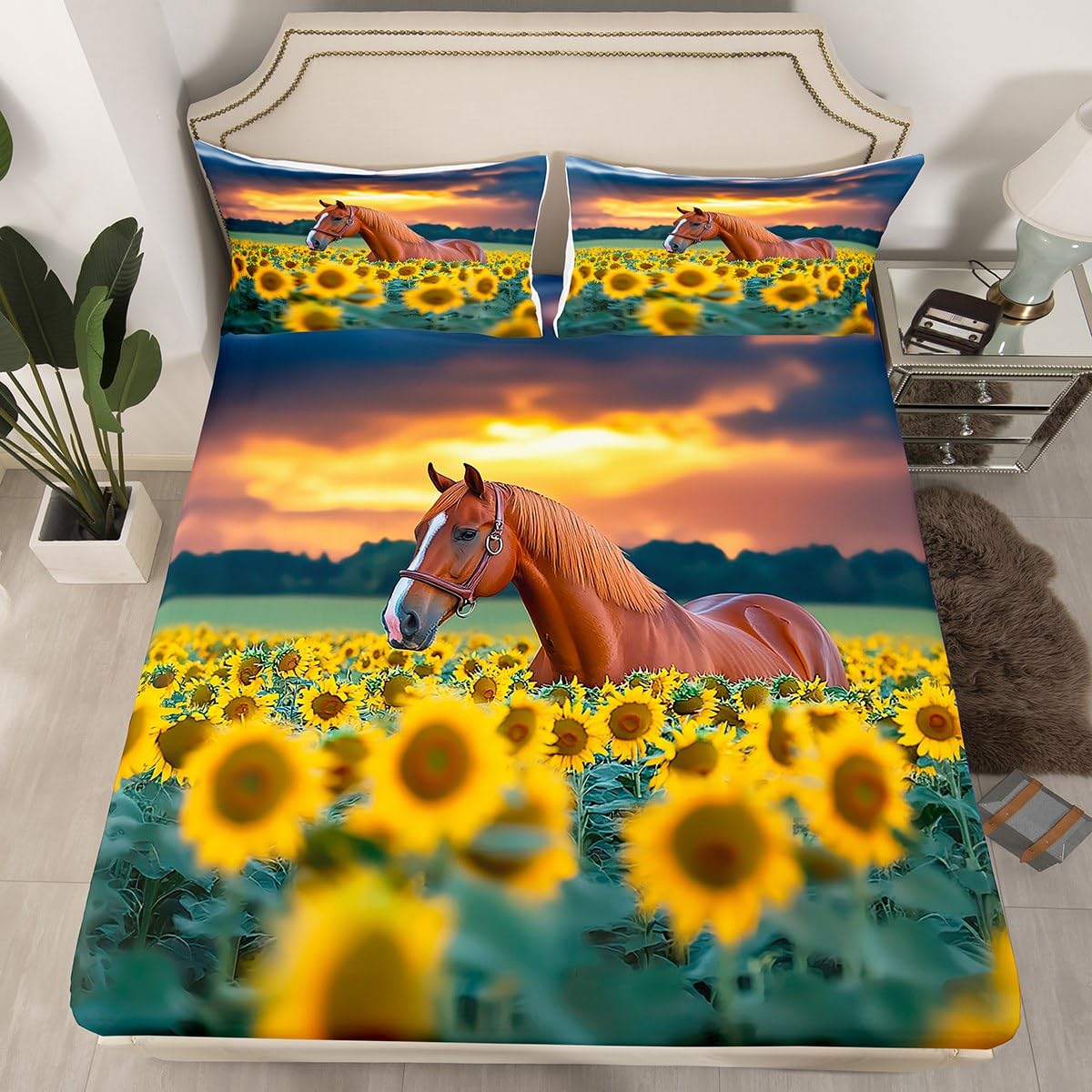 Feelyou Farmhouse Bed Sheets Horse and Sunflower Sheet Set Botanical Floral Bedding Farm Animal Flower Fitted Sheet Queen Size Includes 1 Sheets & 2 Pillowcases (No Flat Sheet)
