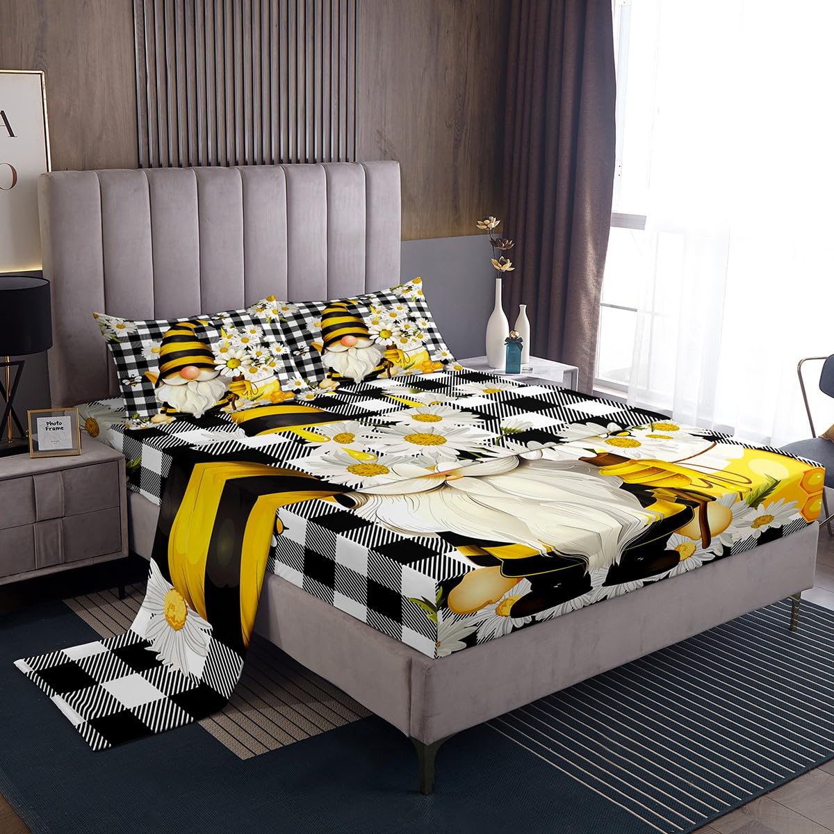 Daisy Gnomes Bed Sheet Twin Size Black White Grid Bedding Set 3pcs for Kids Girls Boys Teens Home Decor Bee Flowers Spring Style Deep Pocket Fitted Sheet Plants Nature Top Flat Sheet,1 Pillowcase