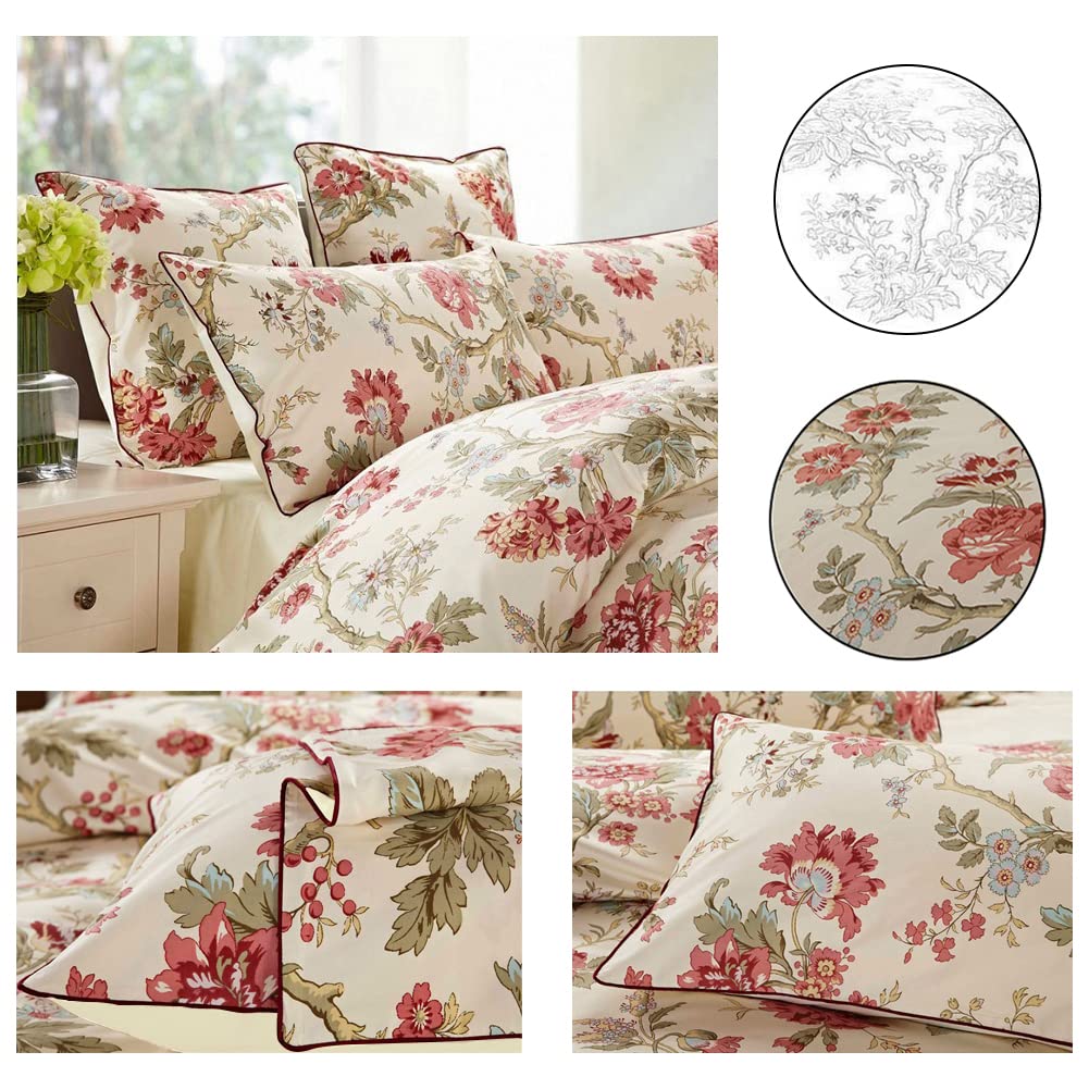 mixinni Garden Style 3 Pieces Red Flower Leaf Pattern Duvet Cover Set Queen Reversible Beige Comforter Cover Set for Women and Men, Easy Care, Soft, Durable-(3pcs, King Size)