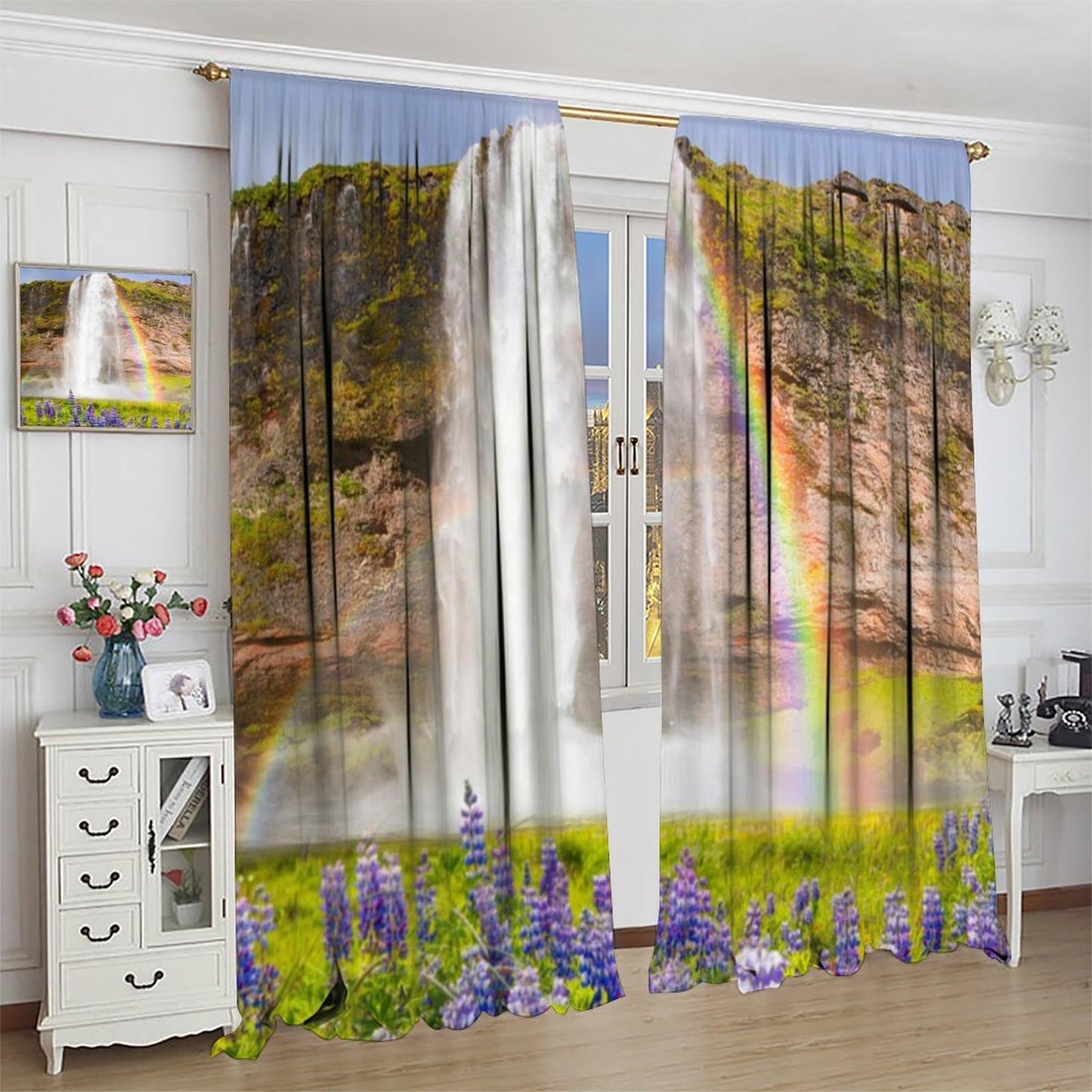 Rainbow Waterfall Curtain, Purple Wild Flower Green Plants Natural Scenery Landscape Print Decor Rod Pocket Window Drapes, for Bedroom Living Room 42" W X 45" L