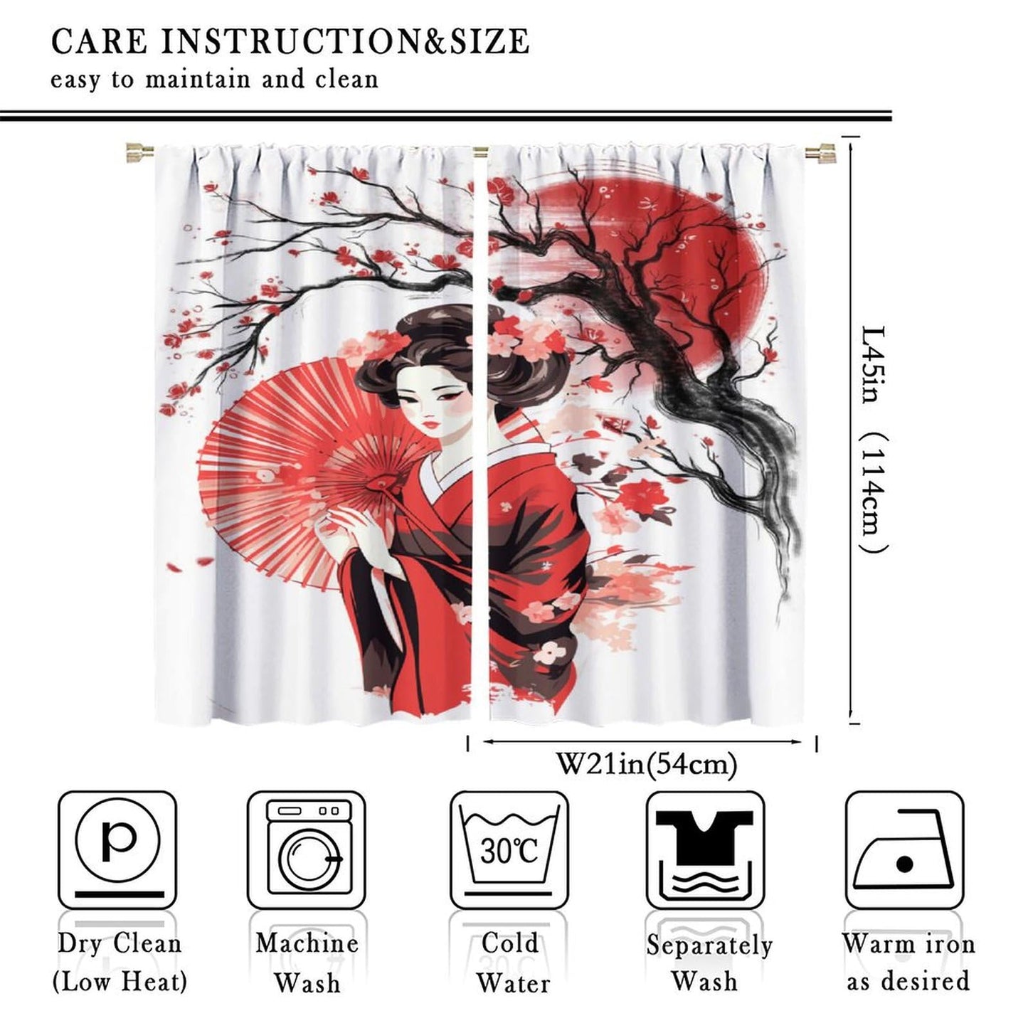 Yearn Jear Red Geisha Curtains Japanese Style with Cherry Blossoms Traditional Kimono Folk Culture Style,Rod Pocket Drapes for Living Room Bedroom Kitchen 42x45 Inch Decor