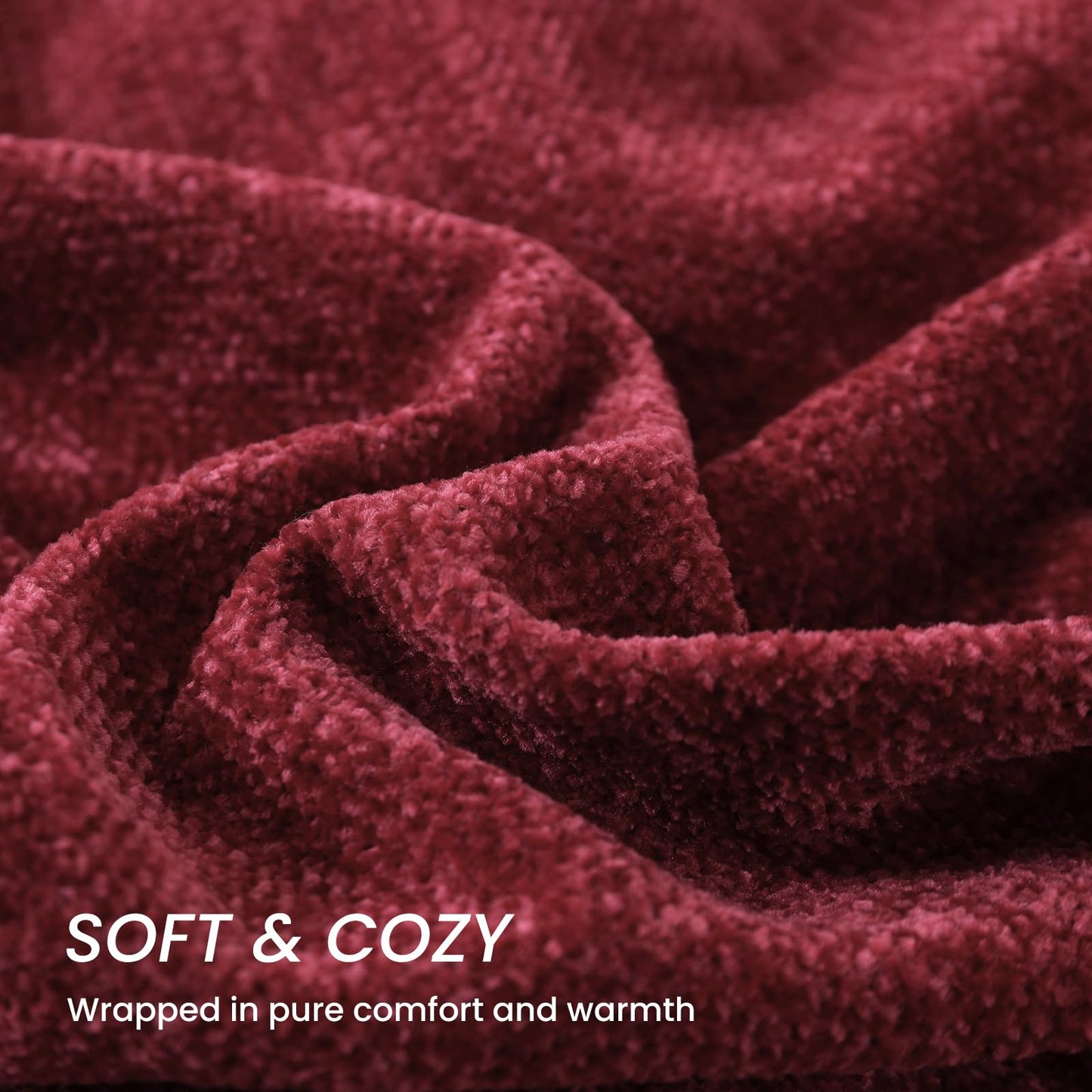 Yoenillo Burgundy Red Chenille Throw Blanket for Couch Bed，Soft Cozy Throw Blanket with Handmade Fringe, Decorative Blanket for Sofa Chair Living Room for Gift, (Burgundy Red)
