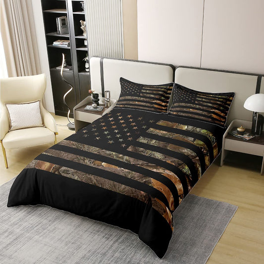 100% Cotton American Flag Camo Bedding Set Queen,Military Hunting Comforter Cover Rustic Trees Leaves Camouflage Duvet Cover For Boys Teens Kids Man Nature Conifer Oak Branches Quilt Cover
