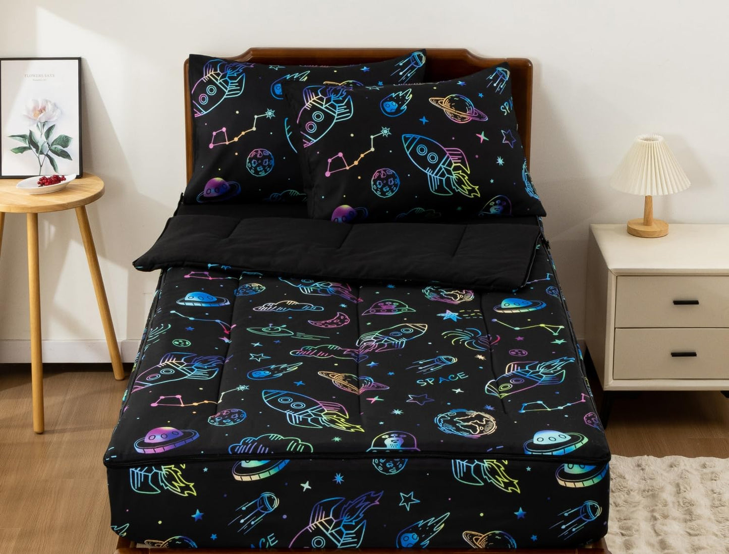 Meeting Story 3pcs Kids Comforter Set Zipper Bedding Set for Boys,Twin Kid Comforter Set Space Bedding Set for Kid,All in one Zipper Bedding（Blackgreen,Twin）