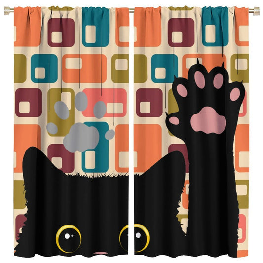 XBDDZSW Funny Cat Cute Cartoon Kids Curtains Modern Retro Boho Minimalism Abstract Geometric Background Kids Bedroom Living Room Decorative Blackout Curtains W42 * L45inch