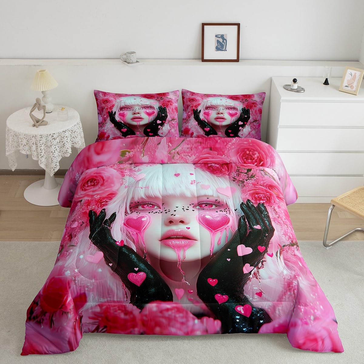 Erosebridal Pink Girl Comforter Set Twin Size Romance Rose Flowers Toddler Bedding Sets for Girls Anime Bedding Set, Modern Fashion Lady Art Duvet Insert Love Hearts Quilt with 1 Pillowcase