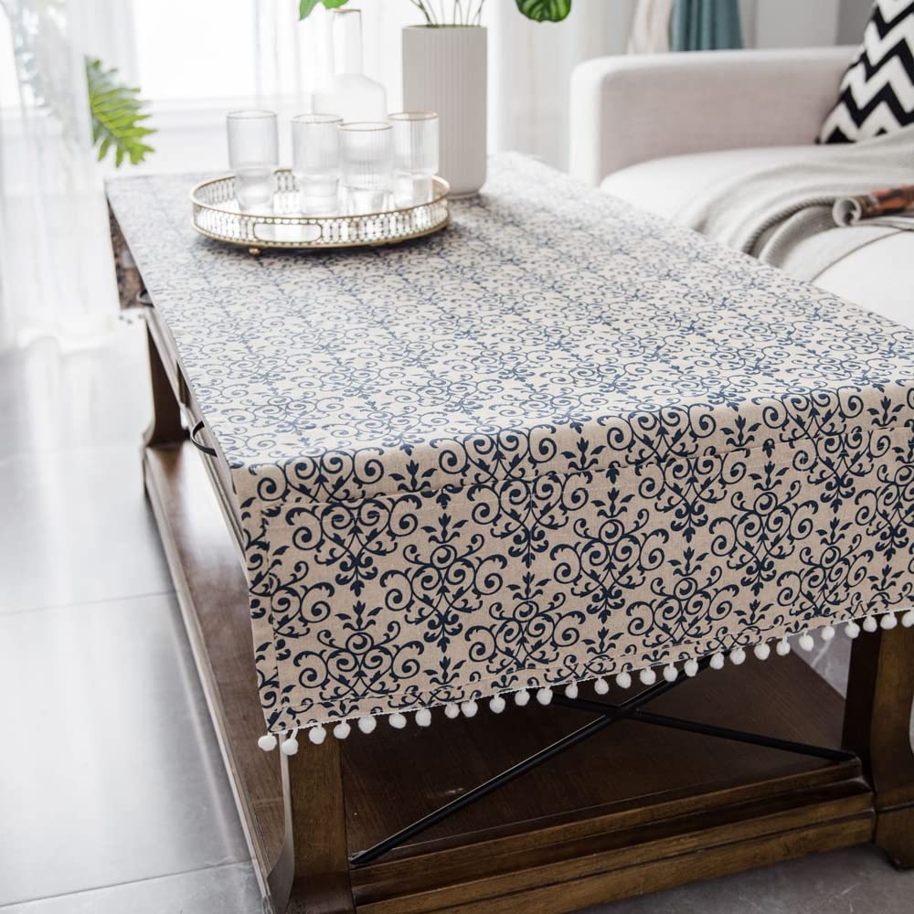 COMFEELING Coffee Table Cloth Rustic Style Living Room Center End Table Cover with Pocket, Cotton Linen Tablecloth (Blue Flower,23.6×63 Inch)