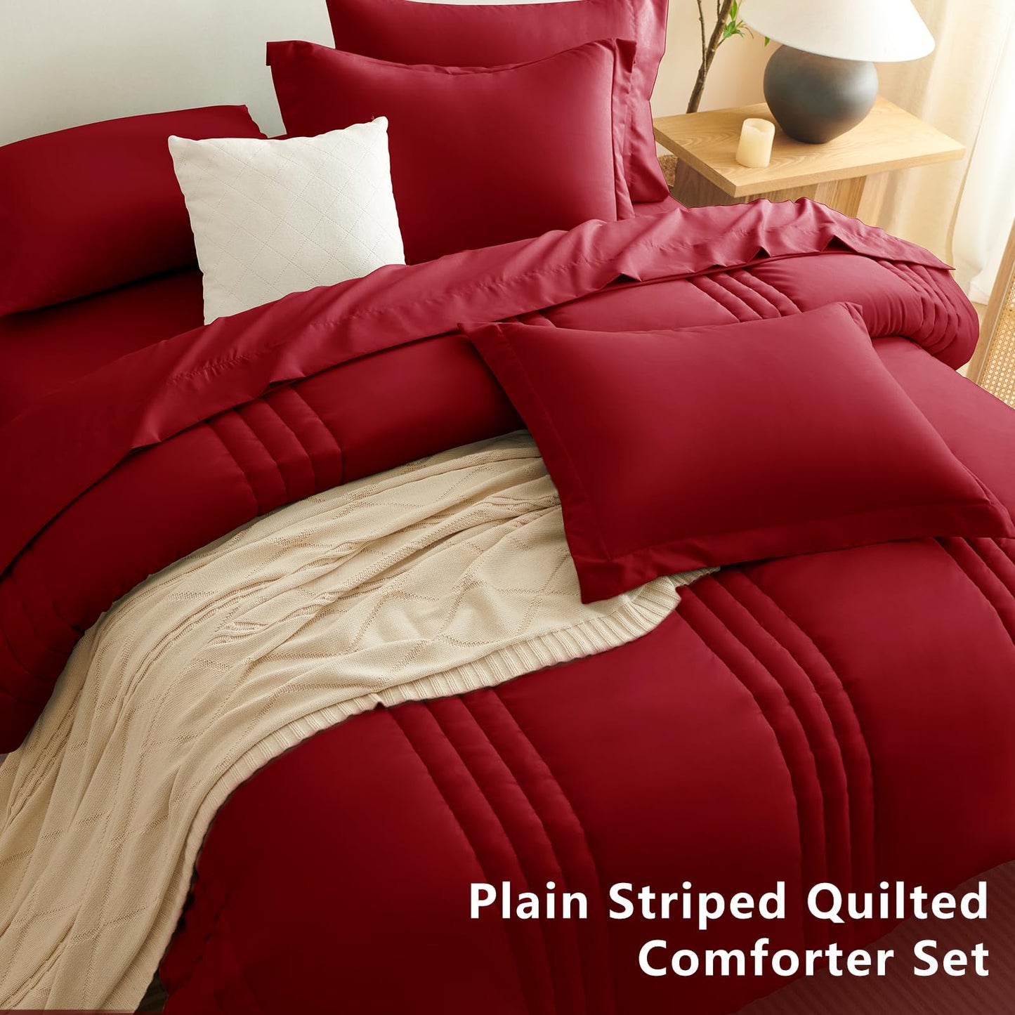 CozyLux Full Size Comforter Sets Dark Red - 7 Pieces Bed in a Bag, Modern Vertical Quilted Room Decor, Soft All-Season Bedding Gift with Comforter, Sheets, Pillowcases & Shams