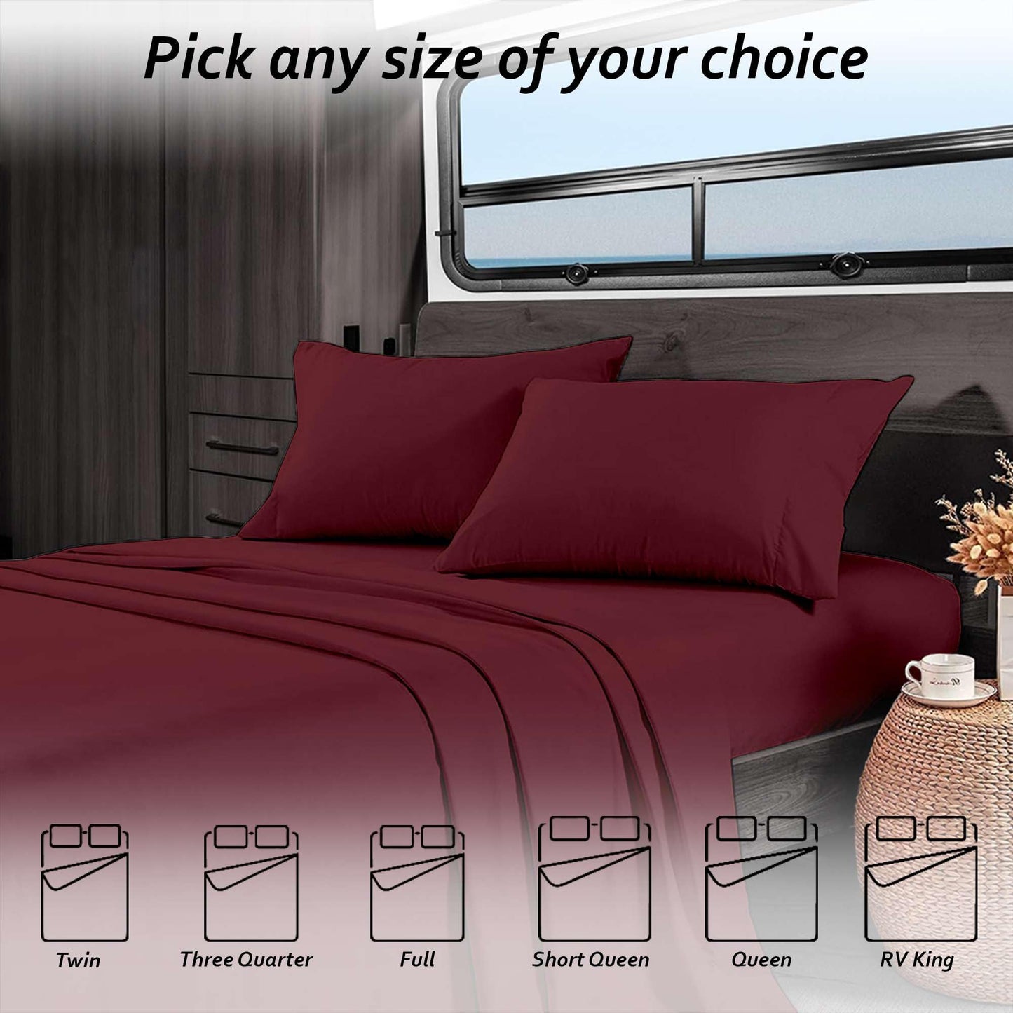 Rajlinen Short Queen RV Camper Sheet Set (60x75) – 100% Egyptian Cotton, Soft & Cooling, 16” Deep Pocket Fitted Sheet, Luxury Hotel Quality Bedding for RVs, Campers & Motorhomes (Burgundy Solid)