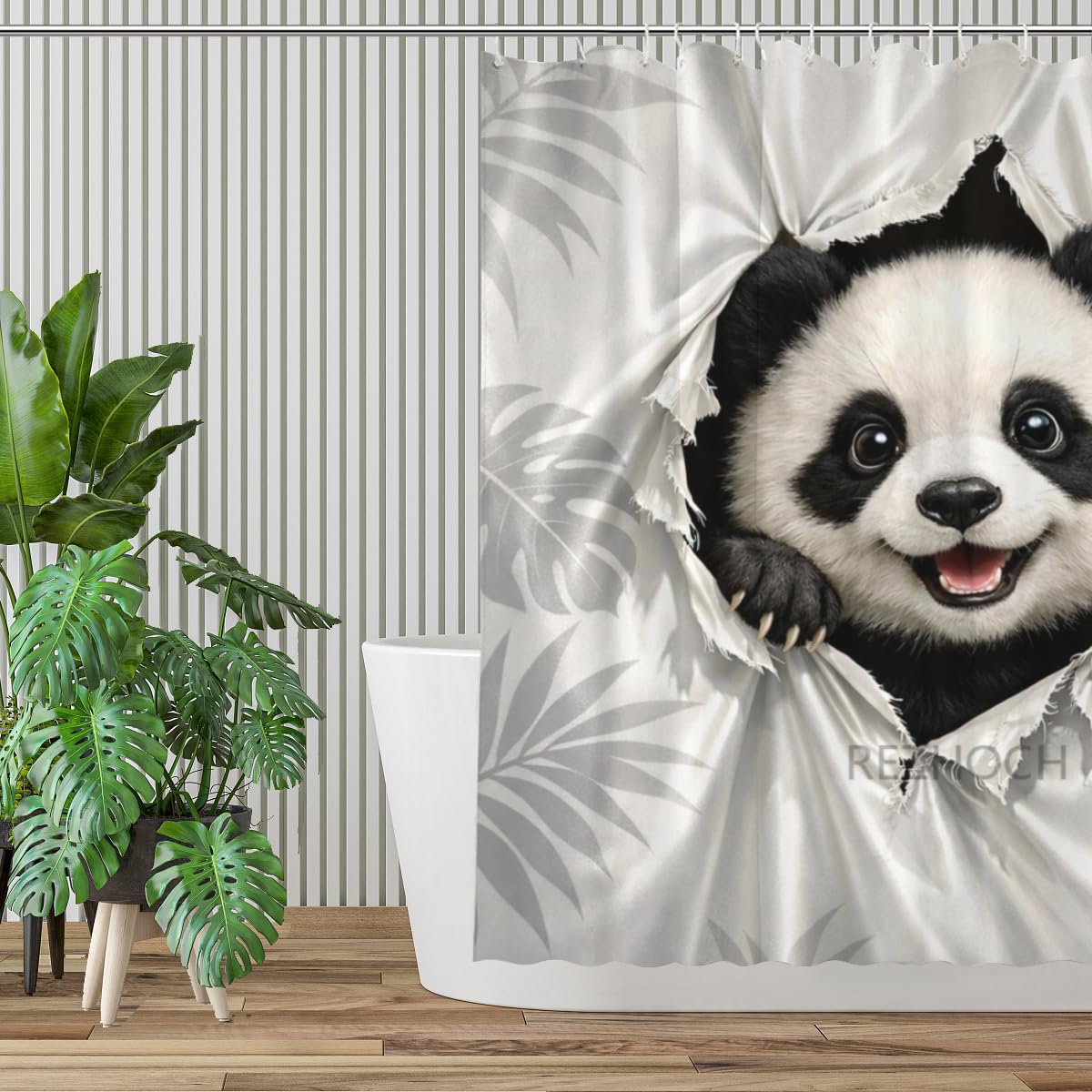 REZHOCH Cute Panda Shower Curtain 72x72Inch Fun Animal Hole Peeking Bath Curtain Waterproof Fabric Grayish White Rainforest Leaves Kid Adult Home Bathroom Decor with Hooks