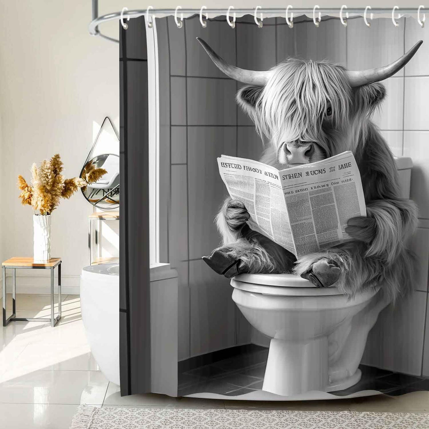JAWO Funny Shower Curtain Farmhouse Highland Cow Country Shower Curtain Funny Shower Curtains for Bathroom Grey White Cow Sitting on The Toilet Reading a Newspaper Bathroom Decor Western Cattle 72X72