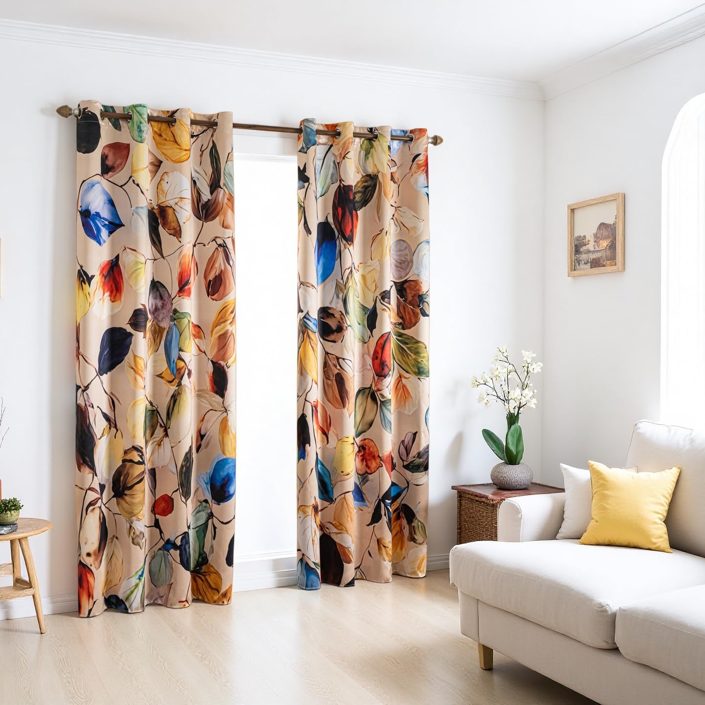 LW&SANHUO Black 100% Blackout Curtains 84 Inches Long for Bedroom 2 Panels Grommet Multicolor Yellow Leaves Print Patterned Black Out Curtains Room Darkening Thermal Insulated Window Drapes, 52Wx84L